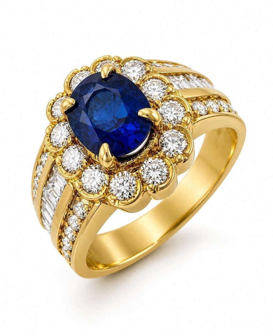 18K Yellow Gold 1.5ct Sapphire and 1.50ct Diamond Ring: 18K Yellow Gold 1.5ct Sapphire and 1.50ct Diamond Ring A refined yellow gold ring centered with an elegant oval cut sapphire, accented by delicate diamonds that add a subtle touch of brilliance. The c