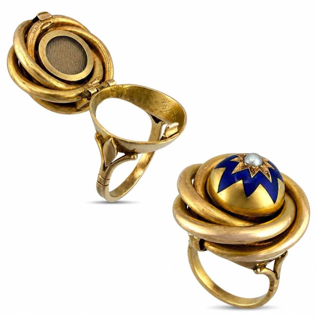 14K Gold Blue Enamel Hidden Locket: 14K Gold Blue Enamel Hidden Locket Compartment Ring A beautiful vintage ring crafted in 14 karat yellow gold, designed with a blue enamel multi point star motif and a small round pearl at the center. 