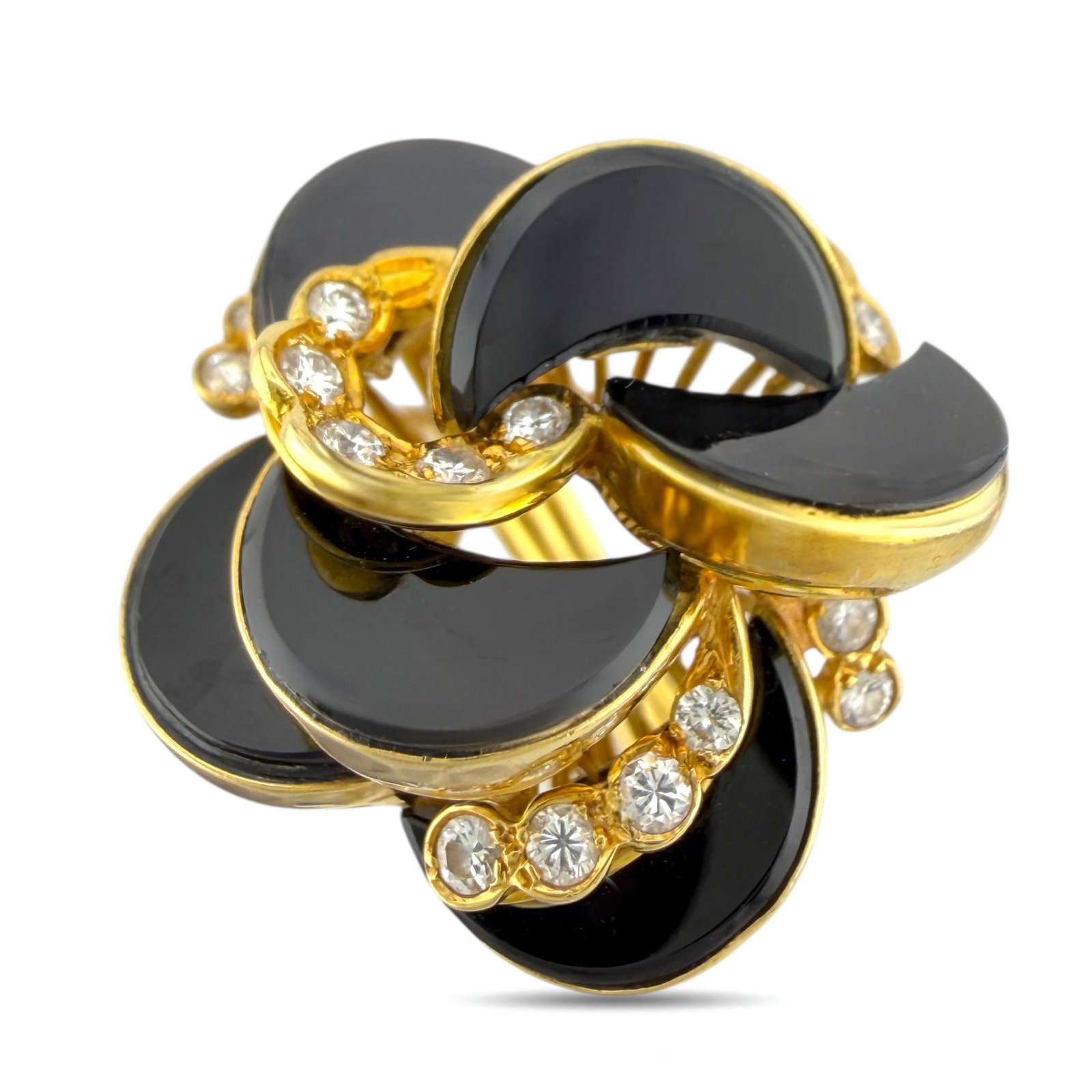 18K Yellow Gold Onyx and 0.67ct Diamond Twisting Cocktail Ring: 18K Yellow Gold Onyx and 0.67ct Diamond Twisting Cocktail Ring This striking cocktail ring showcases layers of deep black onyx that spiral gracefully upward, accented by a cascade of sparkling diamond