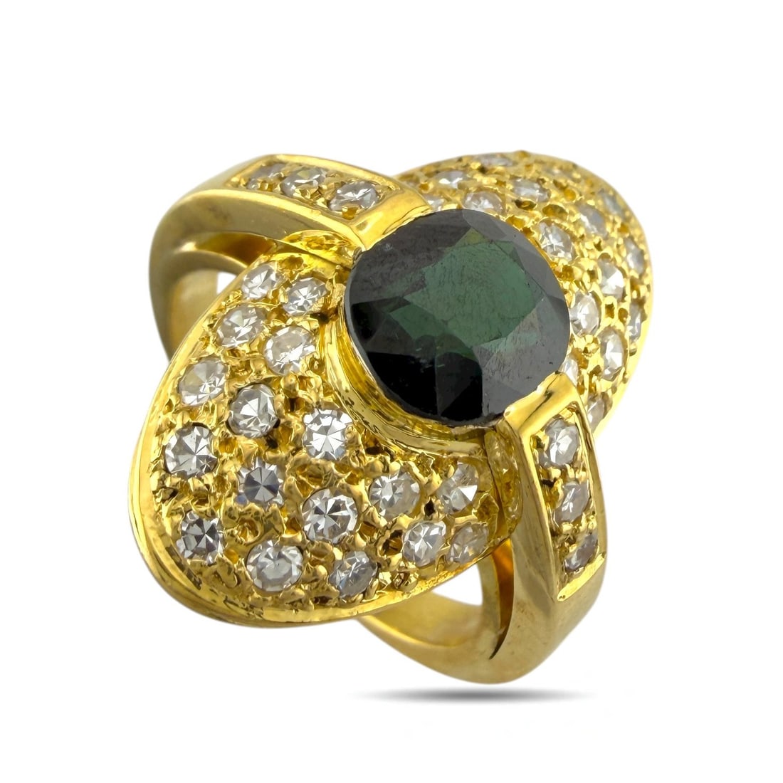 18K Yellow Gold 1.25ct Green Tourmaline and 0.6ct Diamond Ring: 18K Yellow Gold 1.25ct Green Tourmaline and 0.6ct Diamond Ring An elegant 18K yellow gold ring featuring a vivid 7 mm green tourmaline at its center, surrounded by forty brilliant diamonds totaling 0.