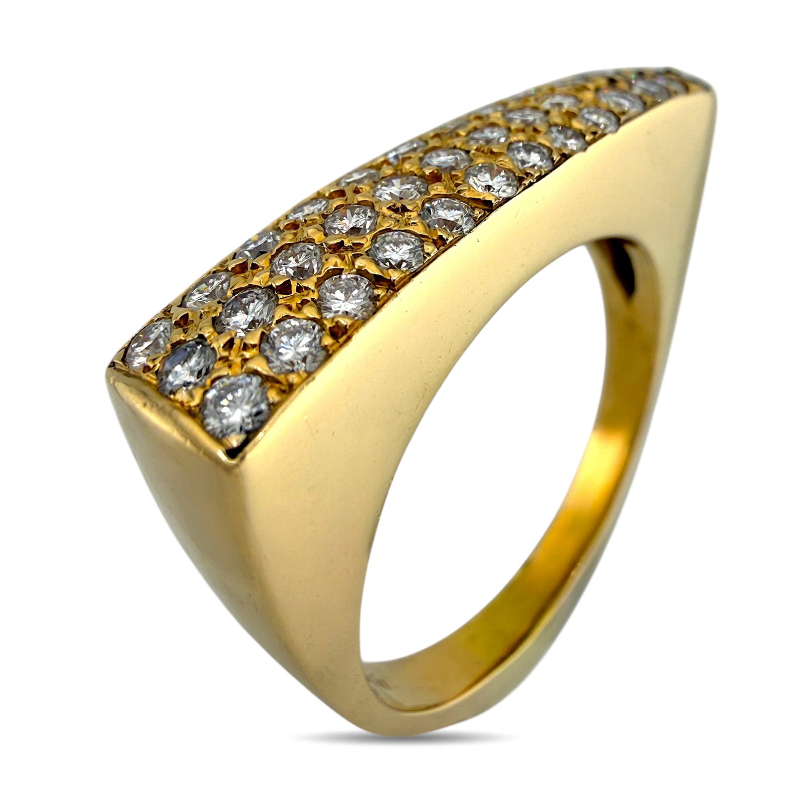 18K Yellow Gold 0.53ct Diamond Triangle Band: 18K Yellow Gold 0.53ct Diamond Triangle Band Ring This elegant band ring is crafted in 18K yellow gold and features a refined triangular motif accented with diamonds across the top. The geometric desi