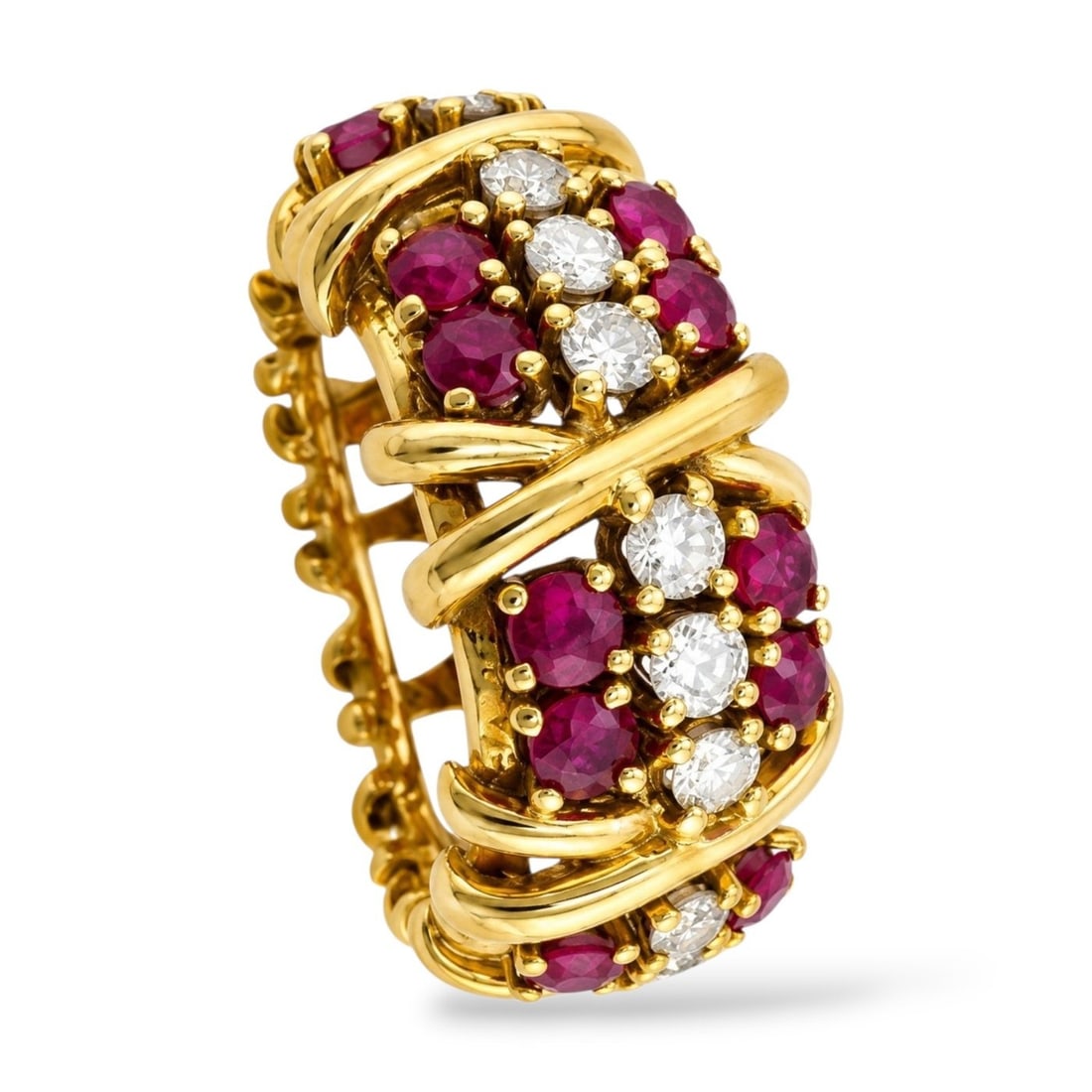 18K Yellow Gold Vintage 0.36ct Ruby and 0.40ct Diamond Ring: 18K Yellow Gold Vintage 0.36ct Ruby and 0.40ct Diamond Ring A refined vintage yellow gold ring designed with two rows of rubies framing a center row of diamonds. The rich ruby accents and diamond deta