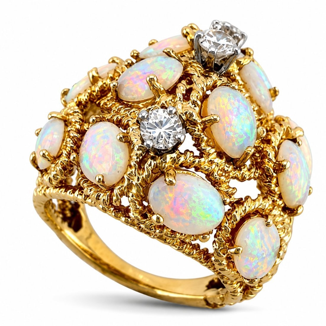 14K Yellow Gold Textured 2.10ct Opal and 0.30ct Diamond Ring (1 of 6)