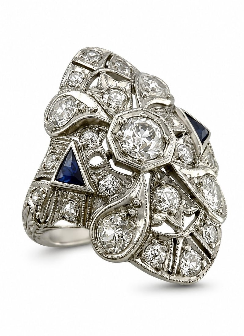 Platinum 1.00ct Diamond and Sapphire Art Deco Ring (1 of 8)