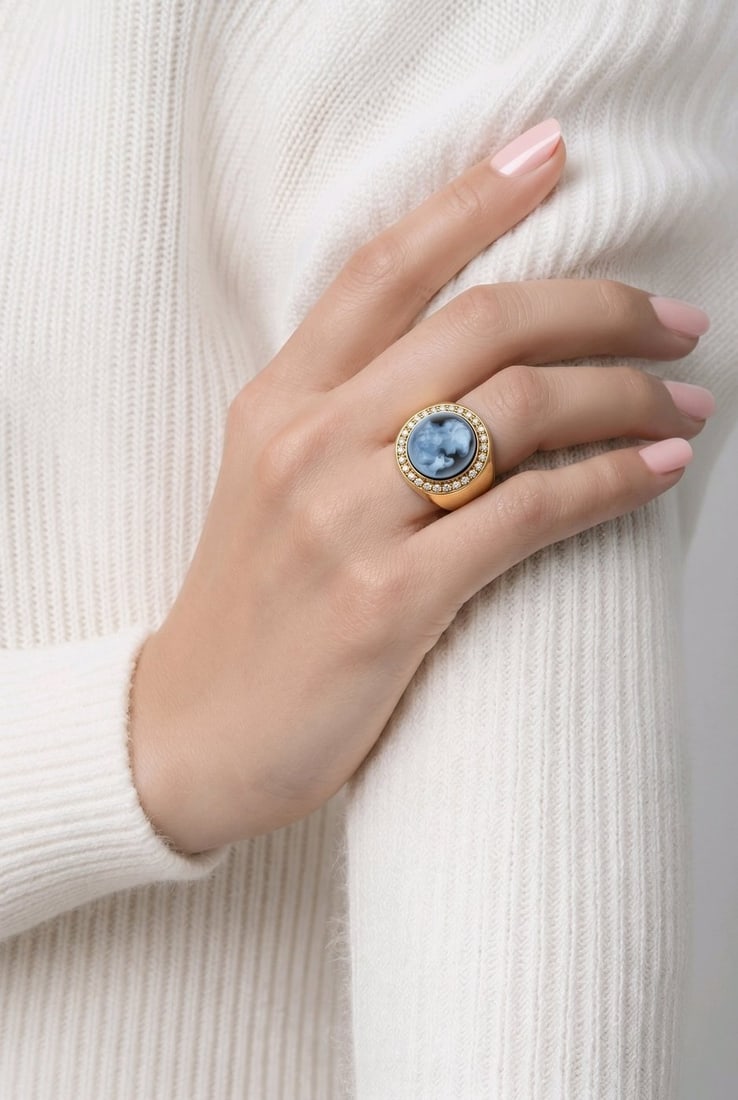 18K Yellow Gold Agate and 0.3ct Diamond Female Figure Ring: 18K Yellow Gold Agate and 0.3ct Diamond Female Figure Ring A distinctive statement ring crafted in 18 karat yellow gold, designed with a sculpted female figure in agate and surrounded by diamonds.