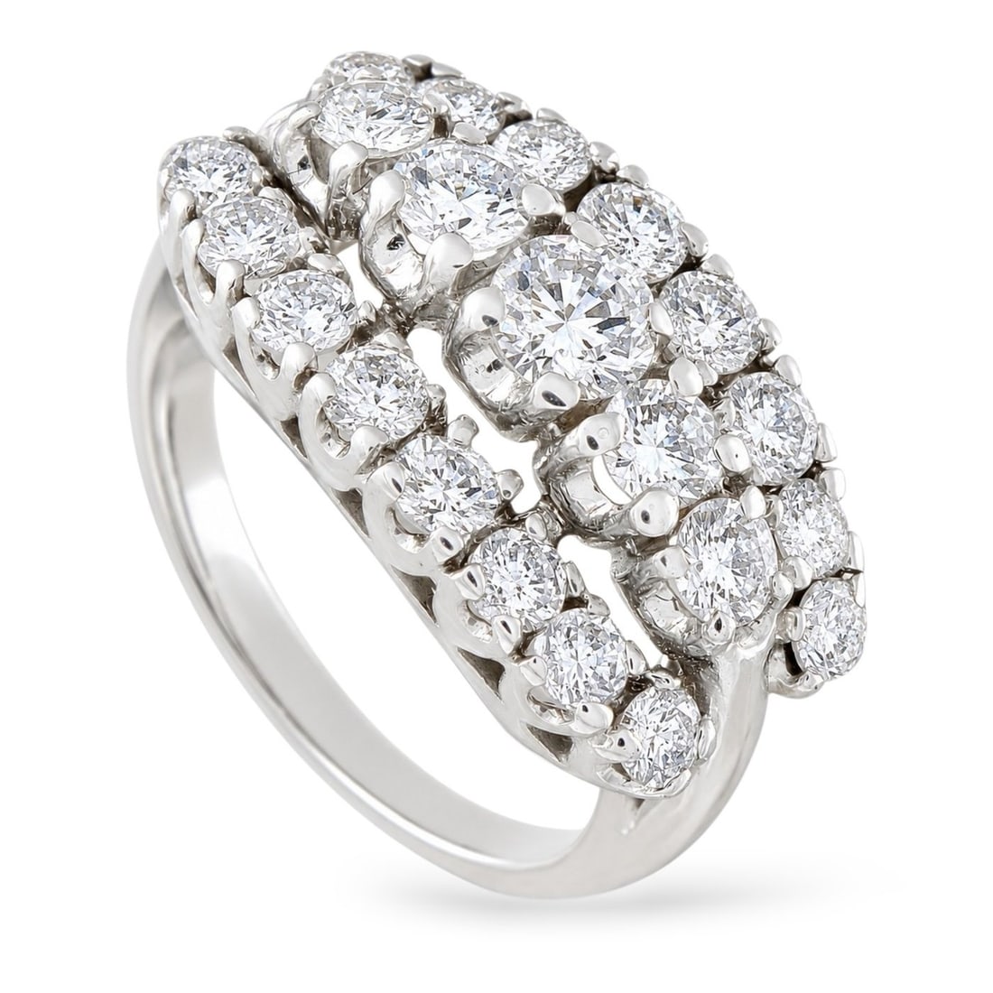 14K White Gold and 3.0ct Diamond Ring: 14K White Gold 3.0ct Diamond Ring A glamorous ring in 14K white gold, throughout its domed top is set with diamonds totaling 3.00 carats. The multi-row setting creates a sweeping arc of scintillating 
