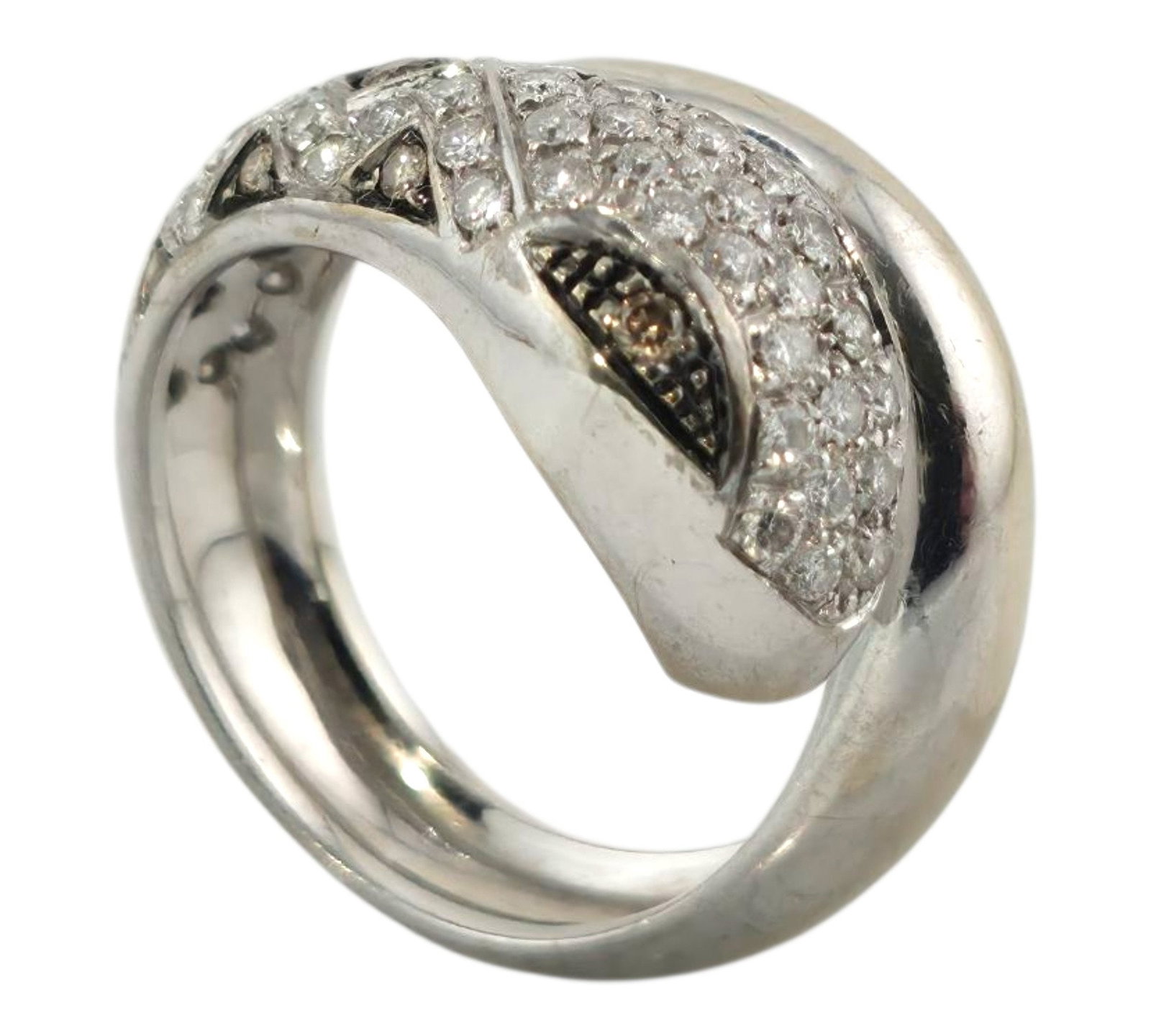 Serpentine Viper 18K White Gold 1ct Diamond Wrap Ring: Serpentine Viper 18K White Gold 1ct Diamond Wrap Ring A sinuous serpentine viper ring cast in 18K white gold, its coiling band half-velveted in pave diamonds that catch the light while two warm brown