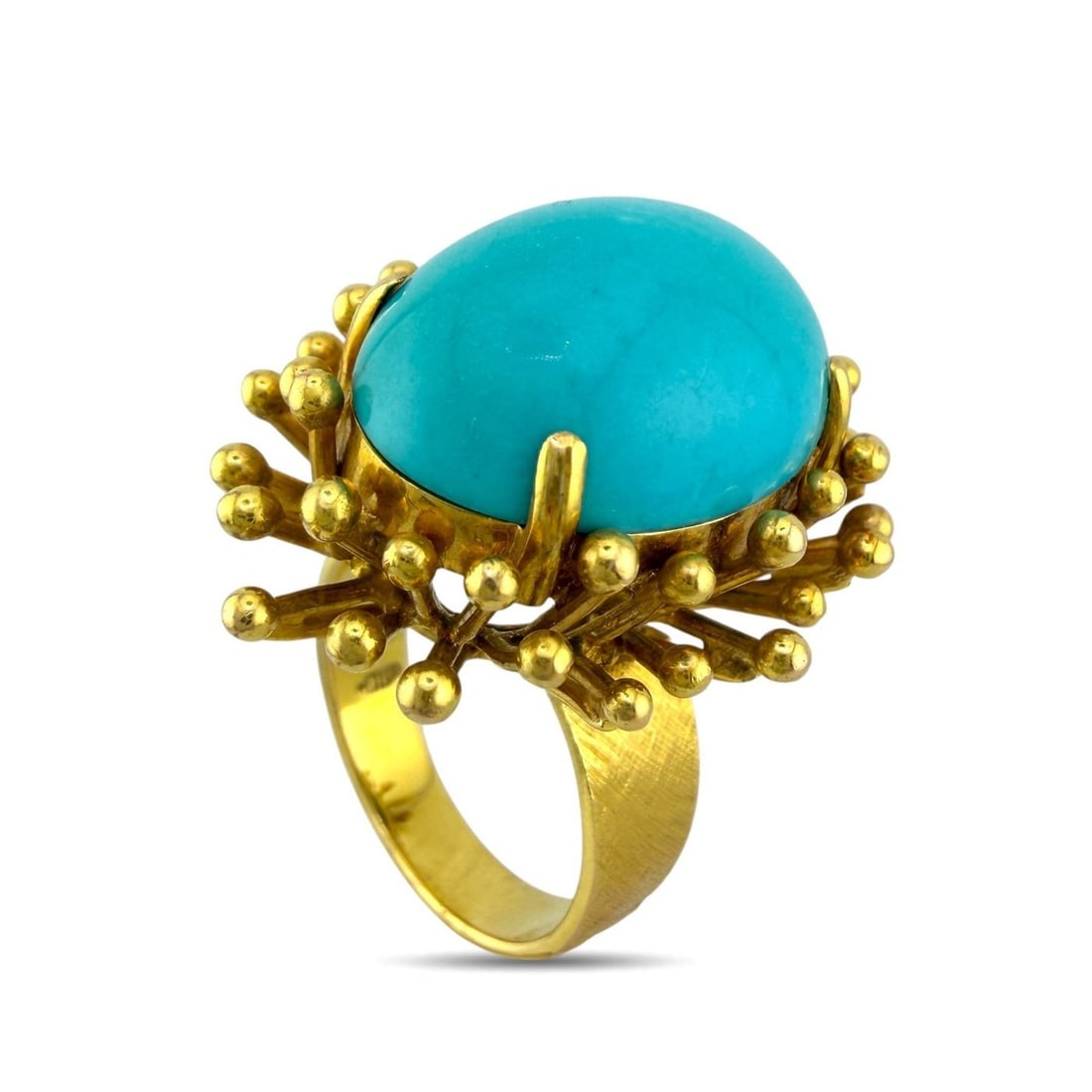 14K Yellow Gold 12.00ct Turquoise Ring: 14K Yellow Gold 12.00ct Turquoise Ring This bold ring is crafted in 14K yellow gold and features a large turquoise stone set at the center. The substantial gold weight and elongated center stone give 