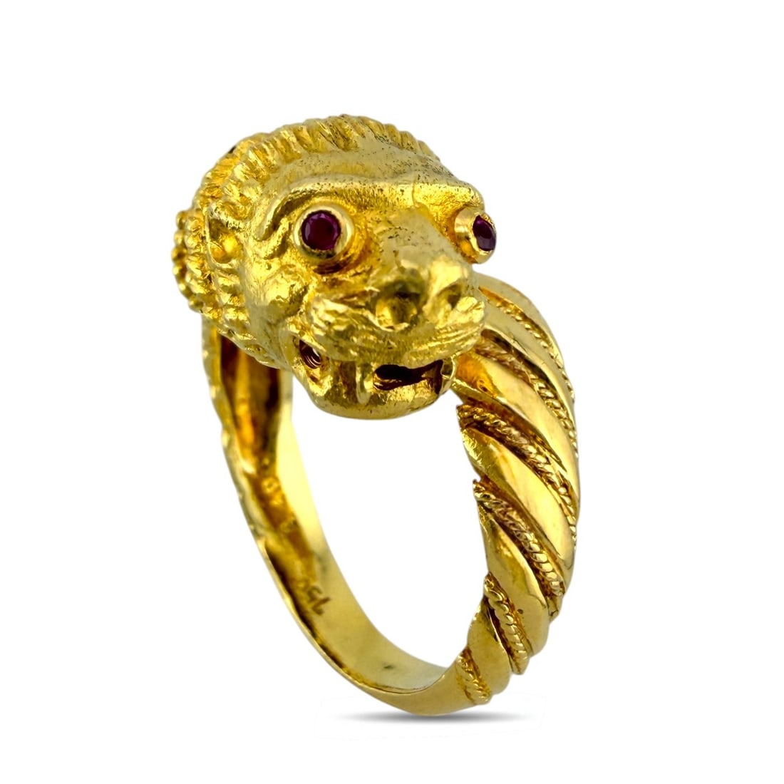 18K Yellow Gold Ruby Cheetah Wrap Ring: 18K Yellow Gold Ruby Cheetah Wrap Ring A beautifully sculpted ring featuring a textured cheetah design that wraps gracefully around the finger. The detailed goldwork captures the character and movemen