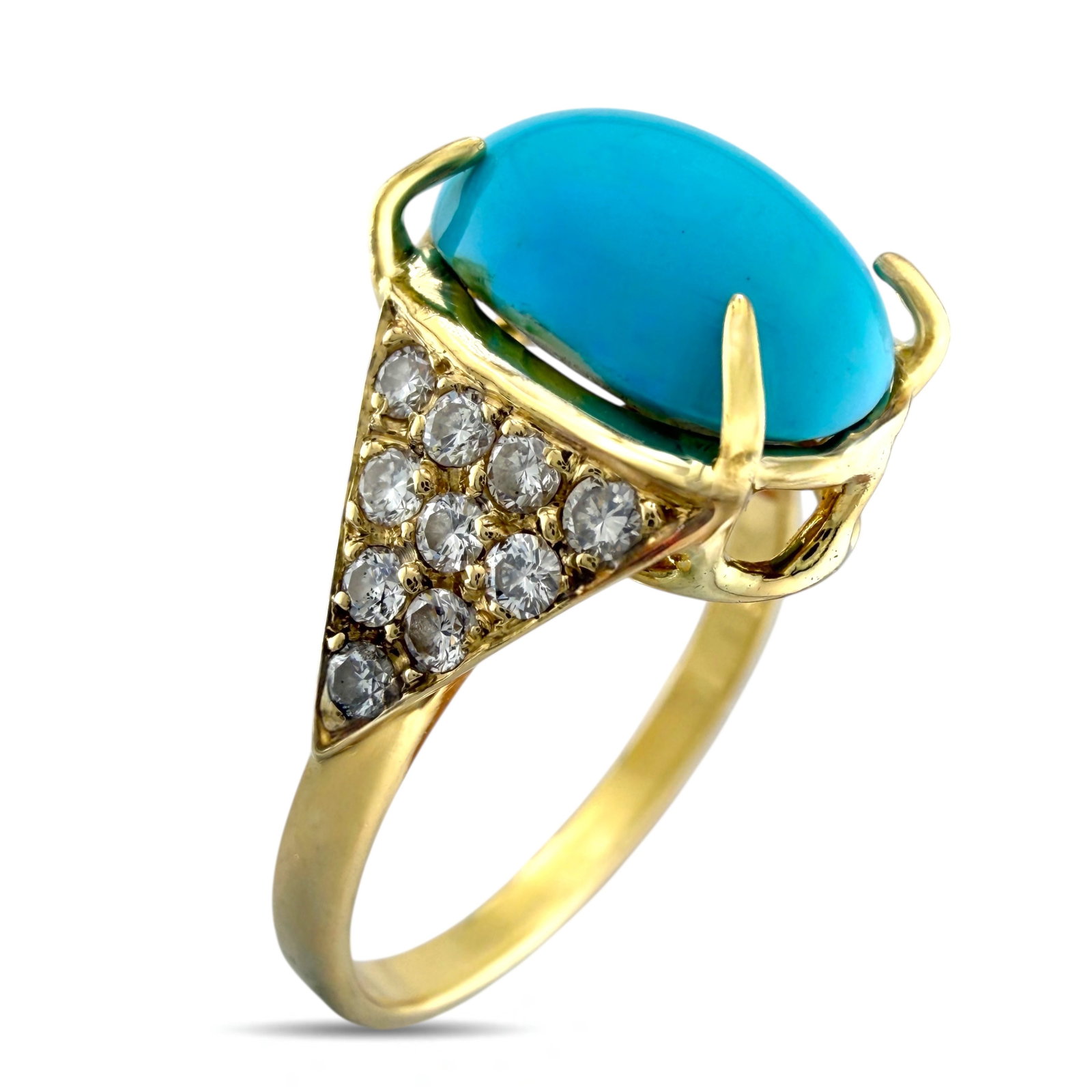18K Yellow Gold Turquoise and 0.6ct Diamond Ring: 18K Yellow Gold Turquoise and 0.6ct Diamond Ring This elegant ring features a vibrant turquoise centerpiece flanked by diamonds arranged in a triangular pattern on both sides, adding sparkle and