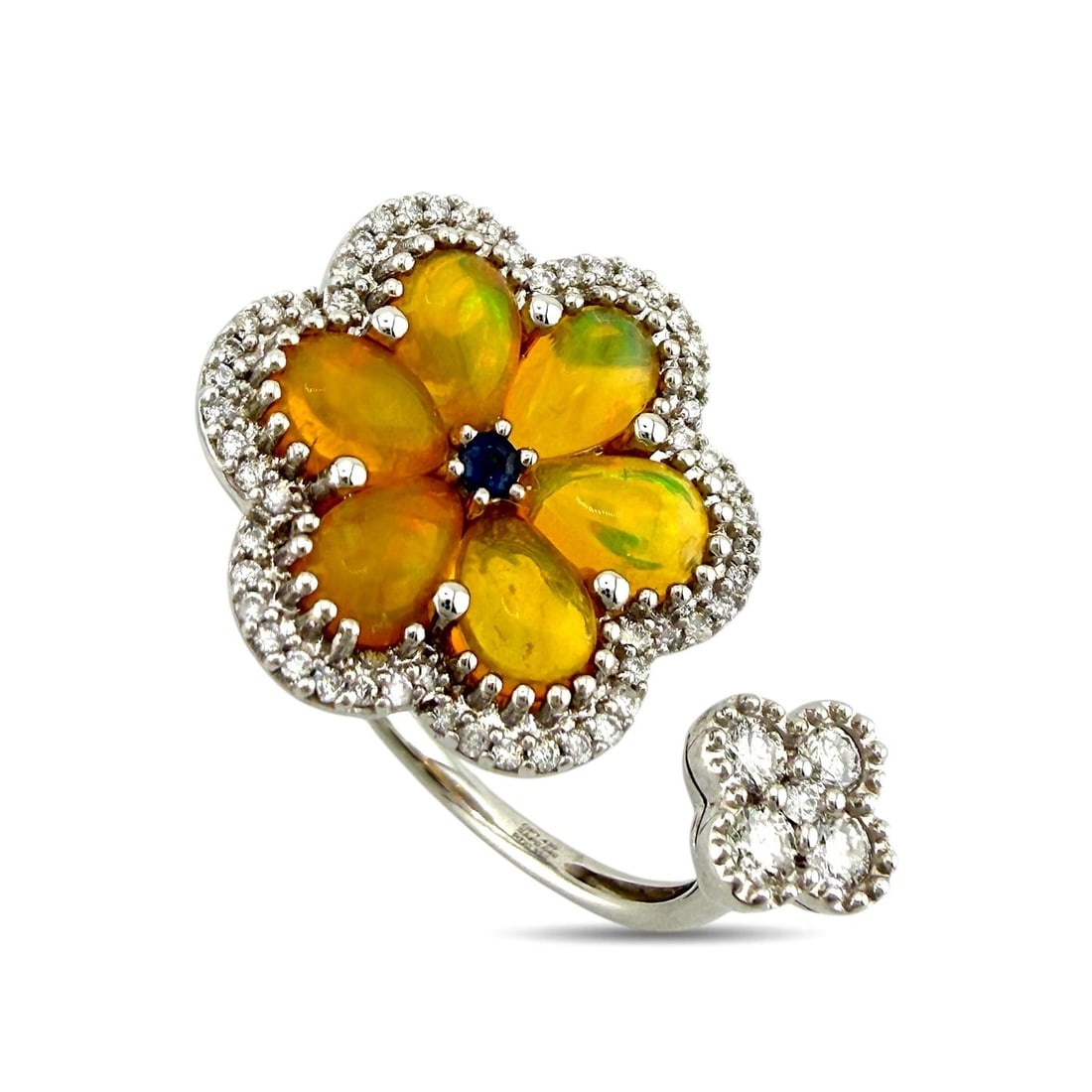 14K White Gold 1.43ct Opal, Sapphire and 0.32ct Diamond Flower Bypass Ring: 14K White Gold 1.43ct Opal, Sapphire and 0.32ct Diamond Flower Bypass Ring This elegant ring is crafted in 14K white gold and features a graceful bypass design that wraps around the finger, with the