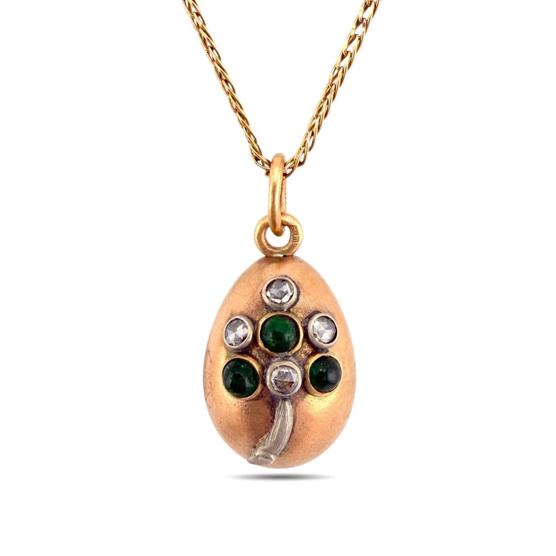 Imperial Russian Faberge 56 Rose Gold 0.16ct Diamond and Emerald Egg Pendant: Imperial Russian Faberge 56K Rose Gold 0.16ct Diamond and Emerald Egg Pendant This elegant Imperial Russian Faberge egg pendant is crafted in 14K rose gold and attributed to the workshop of August Hol