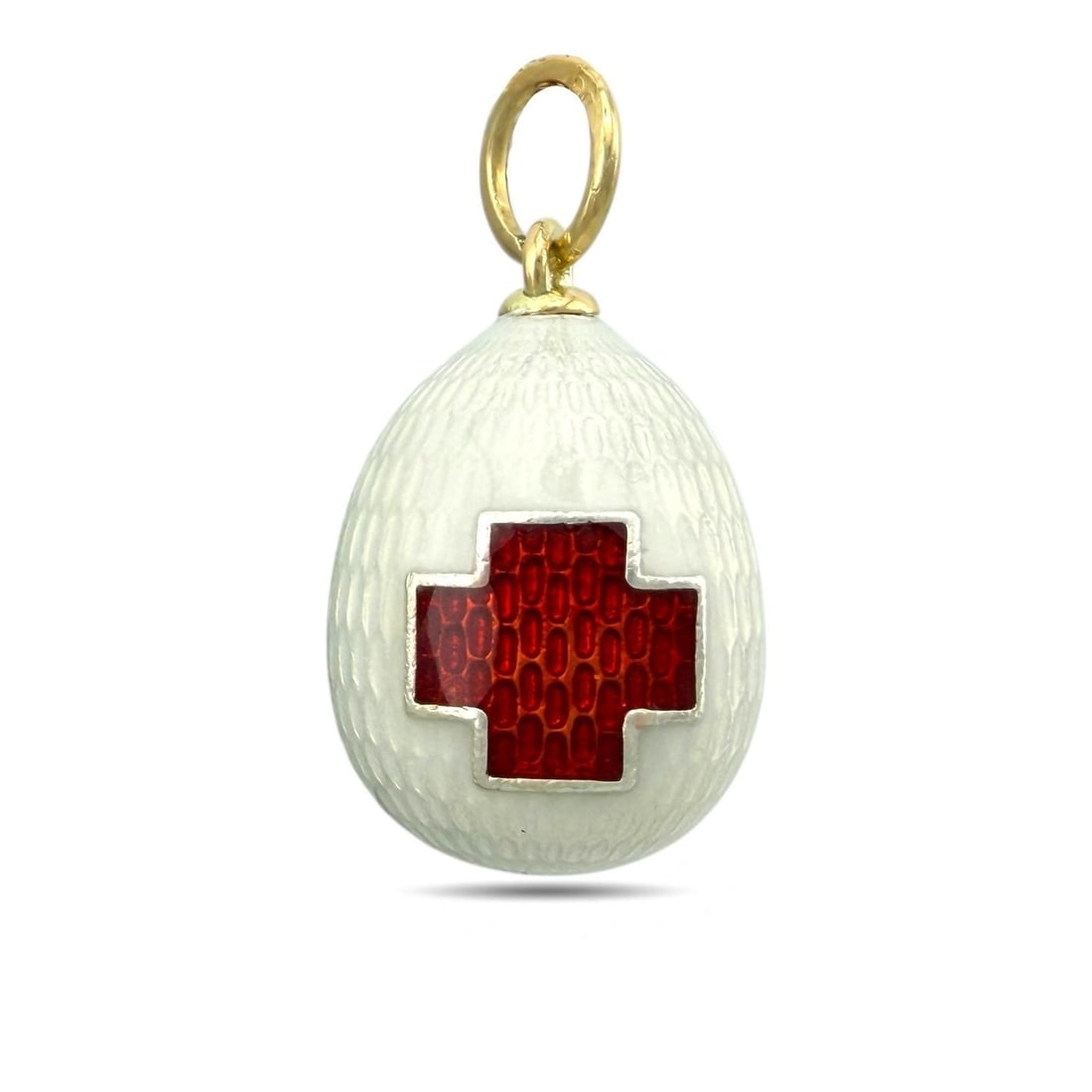 Imperial Russian 56K Yellow Gold White & Red Enamel Cross Egg Pendant: Imperial Russian 56K Yellow Gold White & Red Enamel Cross Egg Pendant A magnificent and authentic Imperial Russian Faberge pendant, crafted in 14K yellow gold and bearing both the Carl Faberge maker��