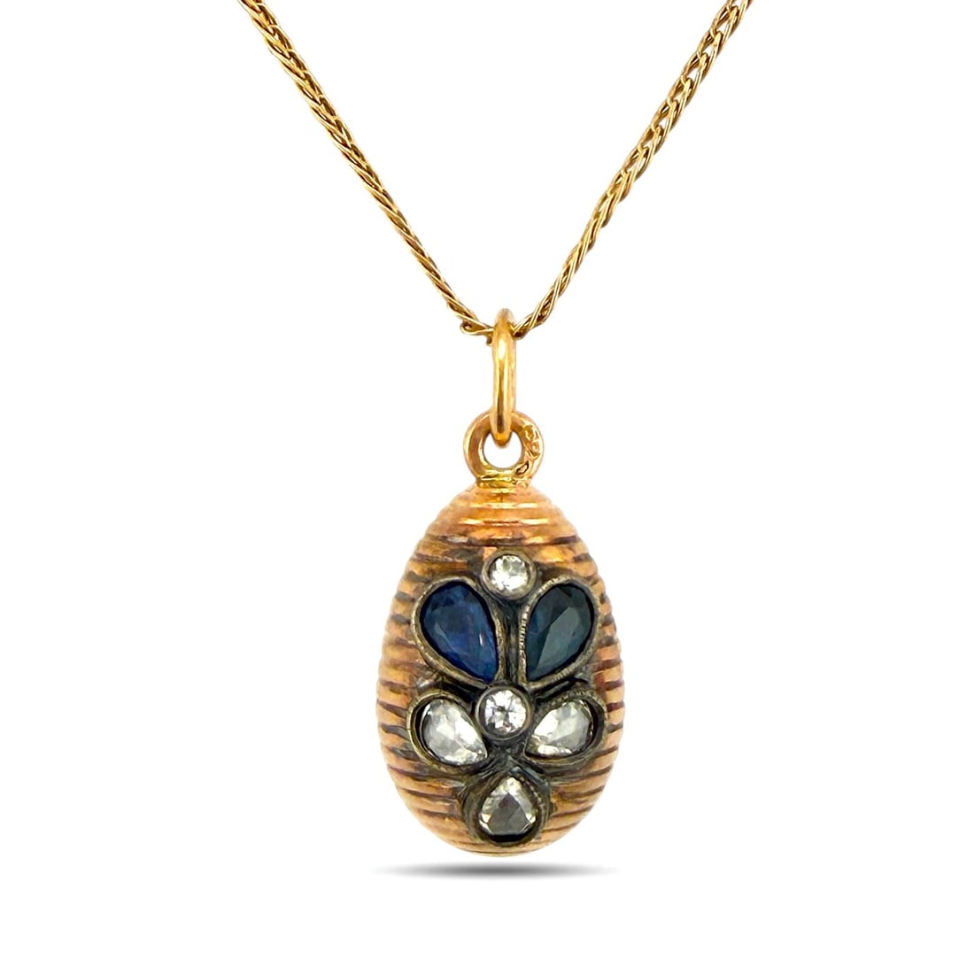 Imperial Russian Faberge 14K Rose Gold Sapphire and Diamond Egg Pendant (1 of 6)