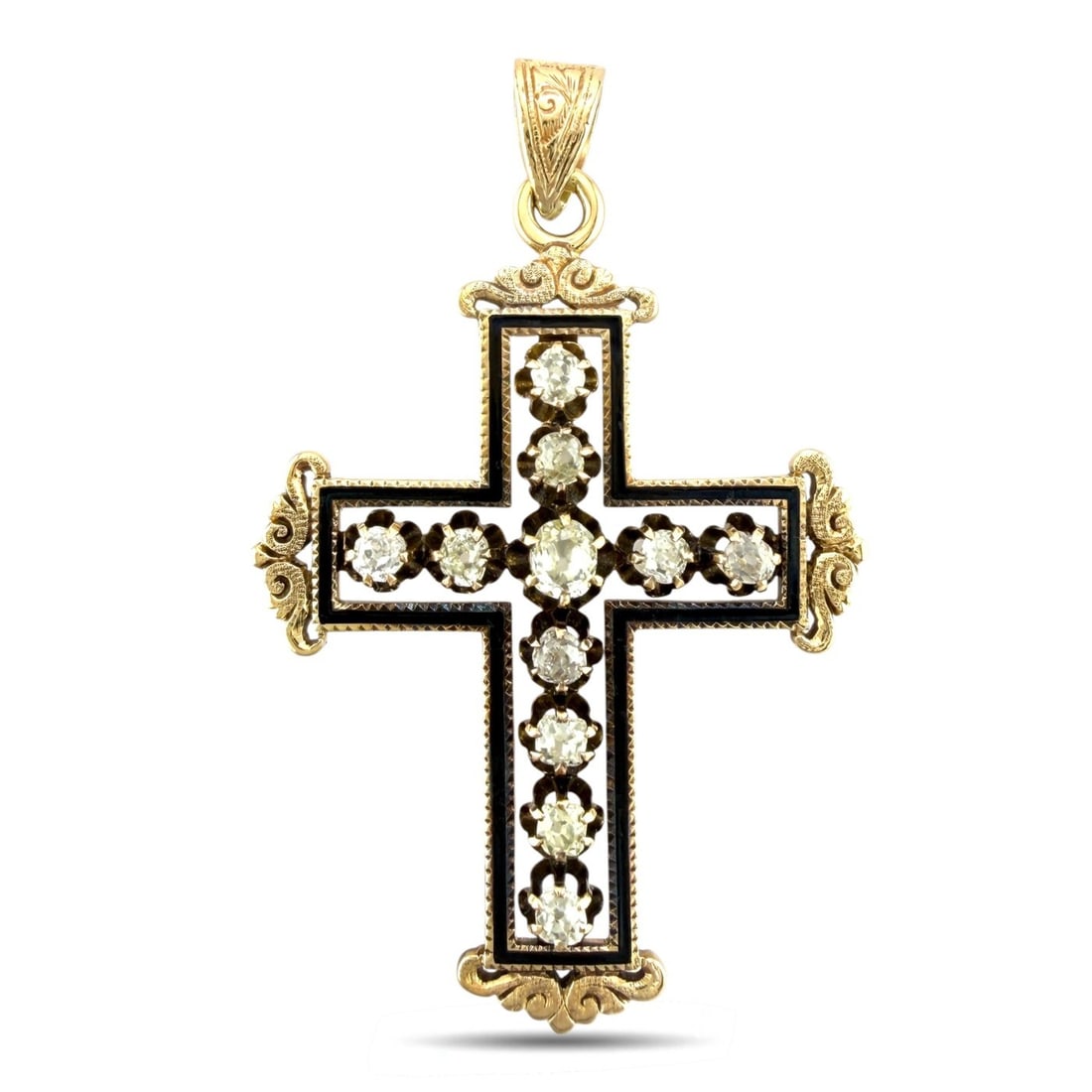 14K Yellow Gold Antique 1ct Diamond Cross Pendant: 14K Yellow Gold Antique 1ct Diamond Cross Pendant A beautifully detailed cross pendants crafted in 14 karat yellow Gold, designed with antique diamonds arranged throughout the cross in an elegant vert