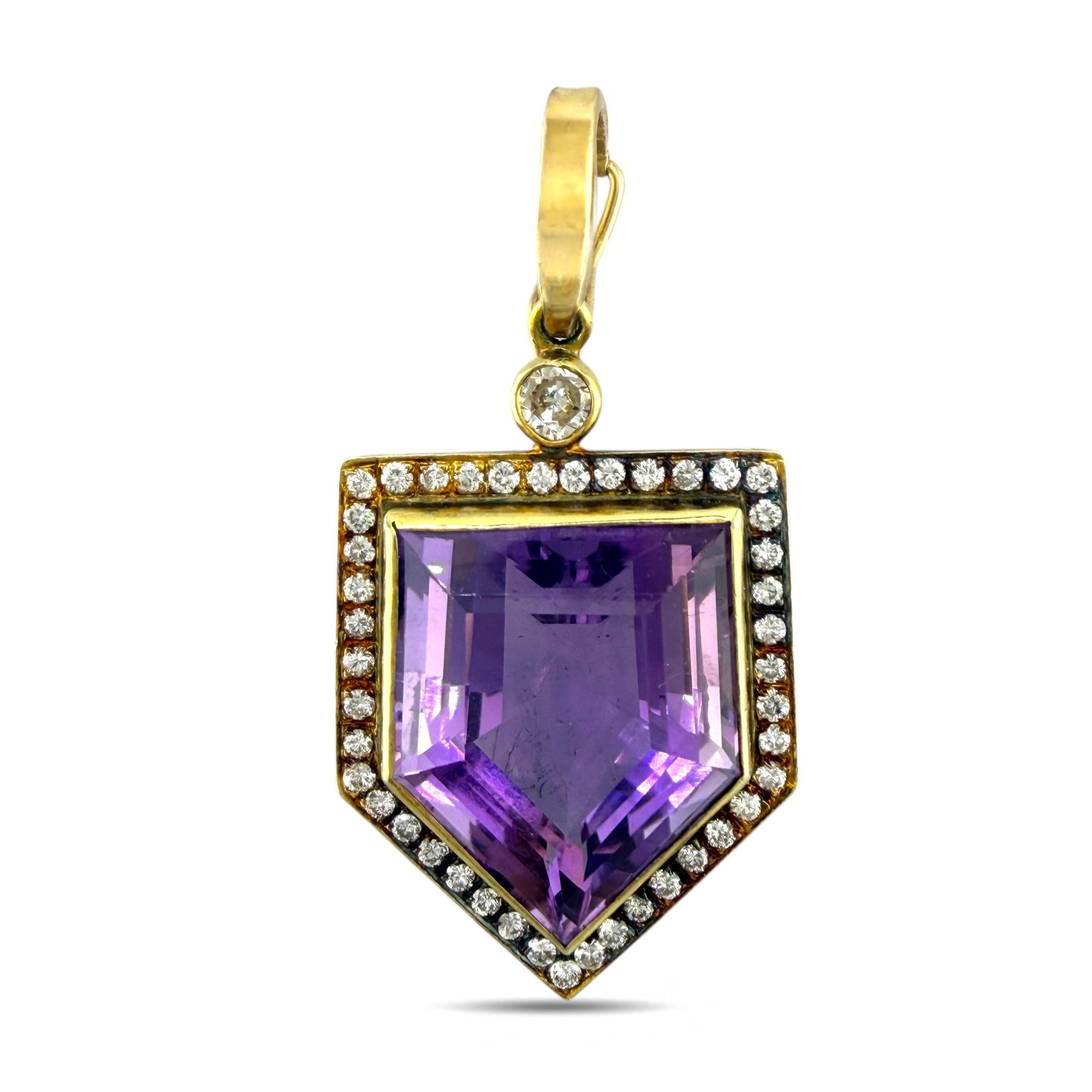 14K Yellow Gold Amethyst and 0.75ct Diamond Pendant: 14K Yellow Gold Amethyst and 0.75ct Diamond Pendant This elegant pendant is crafted in 14K yellow gold and features a large amethyst at its center, framed by a radiant halo of diamonds that enhance