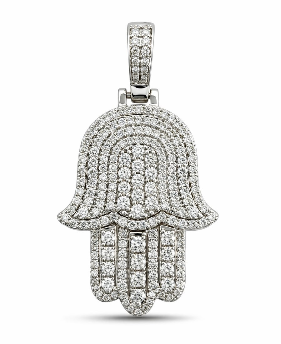 14K White Gold 1.4ct Diamond Hamsa Hand Pendant: 14K White Gold 1.4ct Diamond Hamsa Hand Pendant A beautifully made pendants crafted in 14 karat white Gold, designed in the timeless form of a Hamsa hand and fully covered in diamonds. The sparkling d