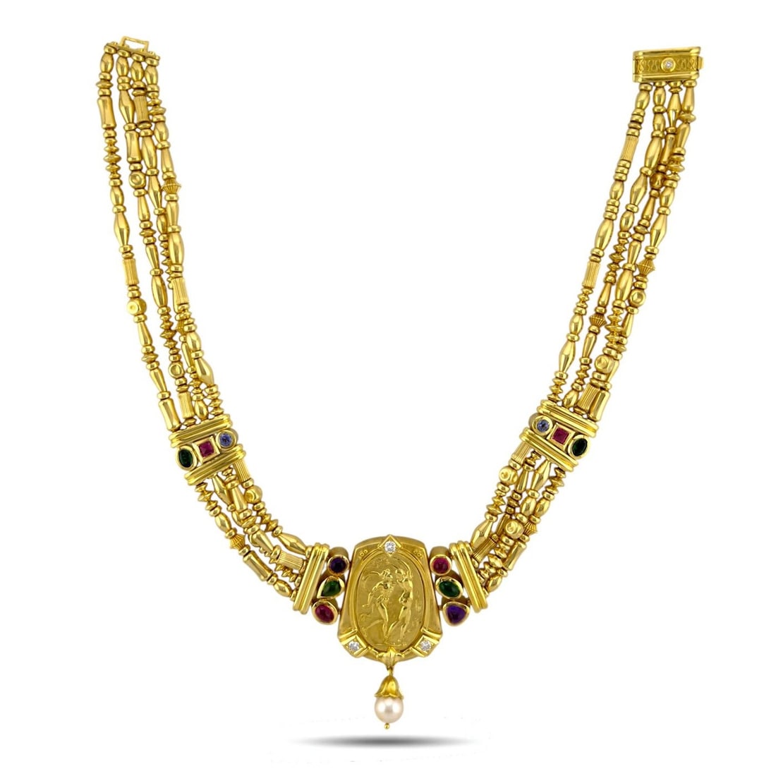 18K Yellow Gold Multi-Gemstone Sculptural Necklace: 18K Yellow Gold Multi-Gemstone Sculptural Necklace An extraordinary and substantial vintage necklace crafted in rich 18 karat yellow gold, composed of four distinct and intricately detailed strands th