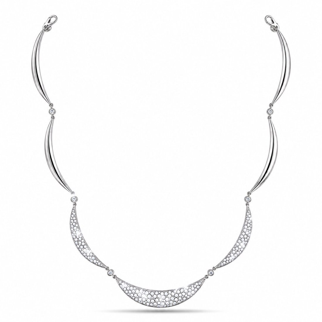 18K White Gold 3.87ct Diamond Crescent Link Necklace: 18K White Gold 3.87ct Diamond Crescent Link Necklace A refined white gold flexible necklace designed with interlocking half crescent moon links, each joined by diamond accents for a graceful flowing s