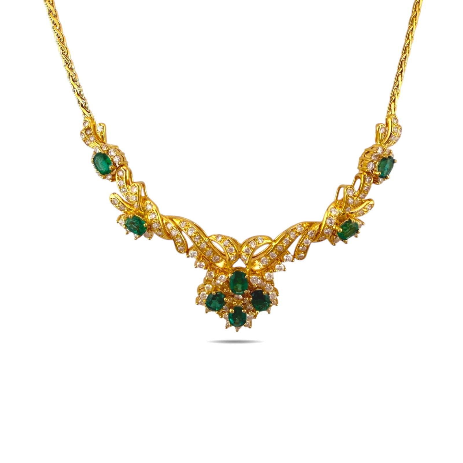 14K Yellow Gold Emerald and 2.36ct Diamond Necklace: 14K Yellow Gold Emerald and 2.36ct Diamond Necklace and Ring Set This elegant matching set brings together the vivid green glow of emeralds with the delicate sparkle of fine diamonds, all set in warm 