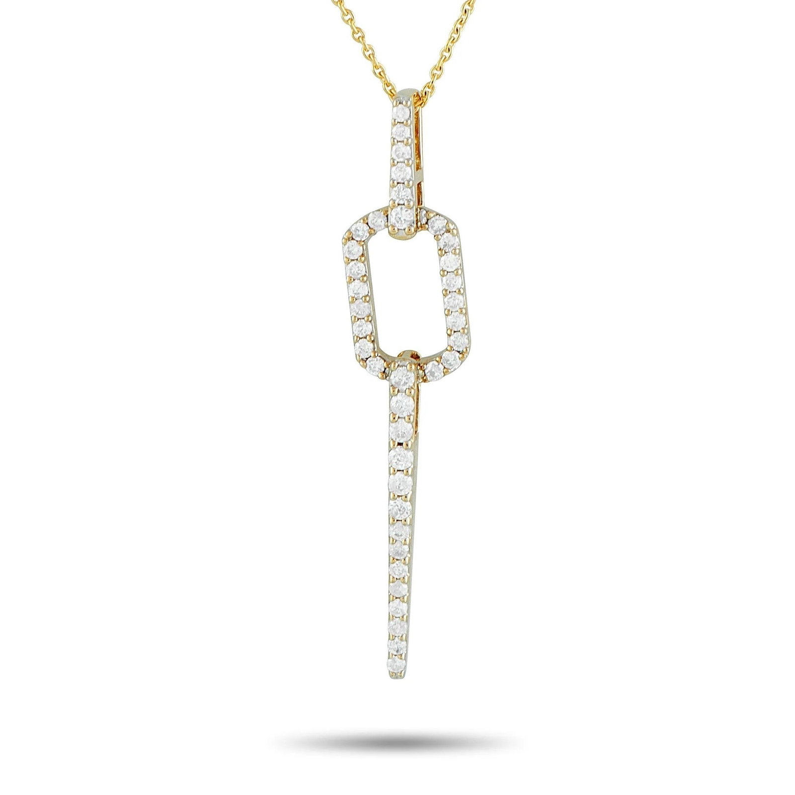 14K Yellow Gold 0.25ct Diamond Geometric Necklace: 14K Yellow Gold 0.25ct Diamond Geometric Necklace This modern 14K yellow gold necklace features a pendant with a geometric flow. A short vertical line of subtly tapering round diamonds connects to an
