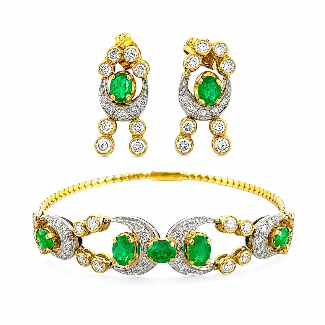 18K Yellow Gold 1.50ct Diamond and 1.75ct Emerald Bracelet: 18K Yellow Gold 1.50ct Diamond and 1.75ct Emerald Bracelet & Earrings Set An elegant matching jewelry set crafted in 18K yellow gold, consisting of a diamond and emerald bracelet with coordinating
