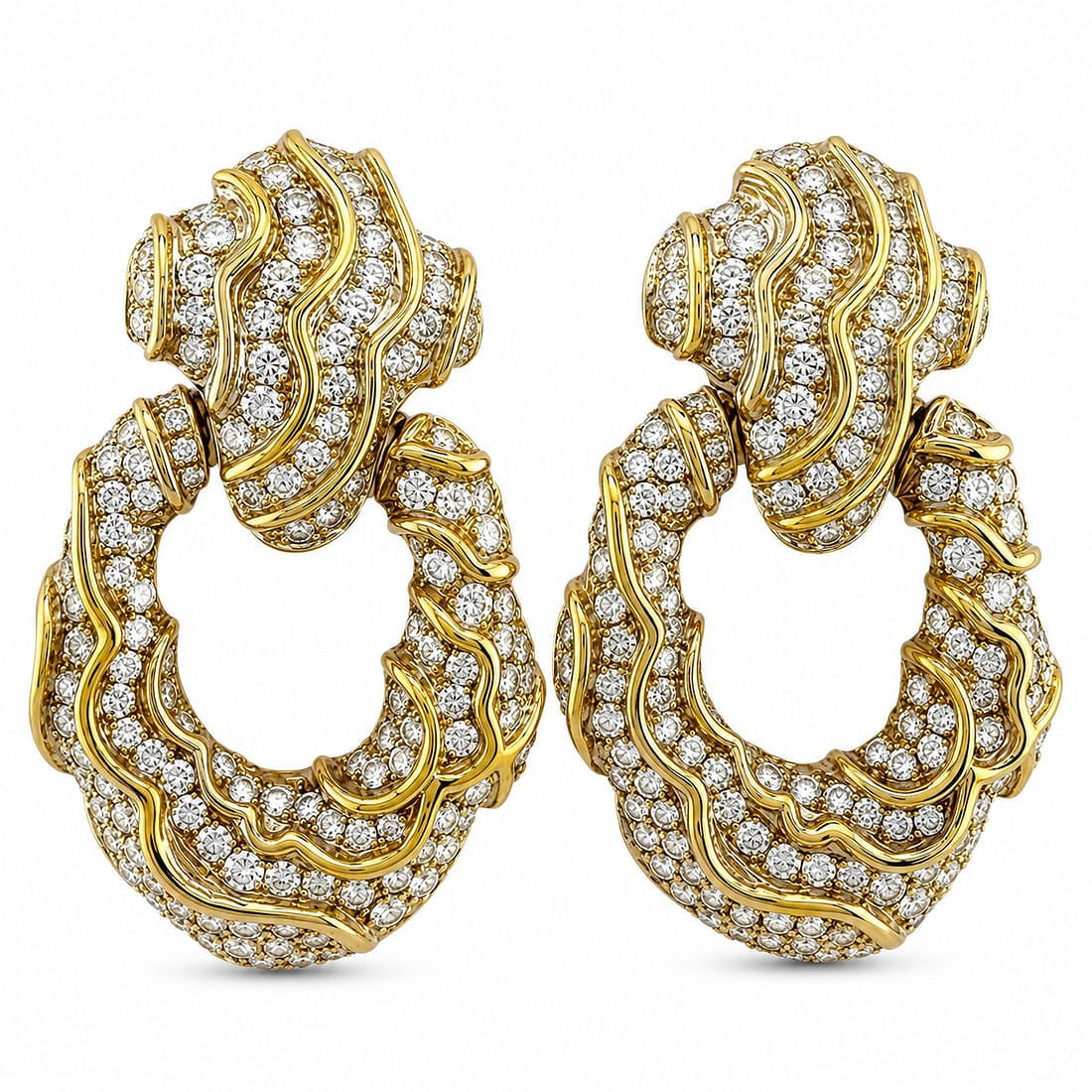 18K Yellow Gold 9.5ct Diamond Wavy Large Earrings: Pair of 18K Yellow Gold Diamond Wavy Earrings An extraordinary pair of earrings crafted in solid 18K yellow gold, showcasing a bold and fluid wavy design that reflects light with graceful movement. Se