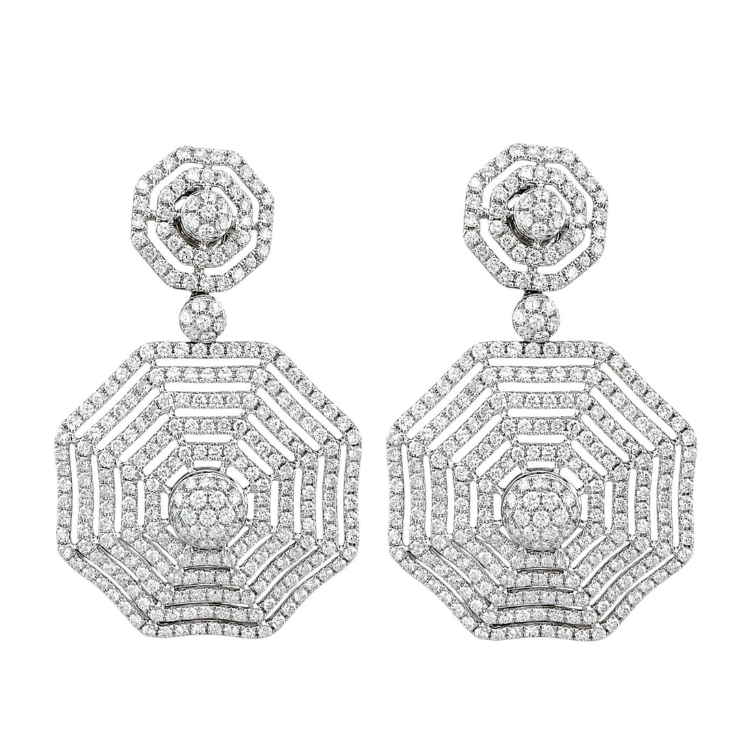 14K White Gold 6.50ct Diamond Octagon Drop Earrings: 14K White Gold 6.50ct Diamond Octagon Drop Earrings These impressive earrings are crafted in 14K white gold with a bold geometric octagon design. The lower section features multiple diamond-set rows l