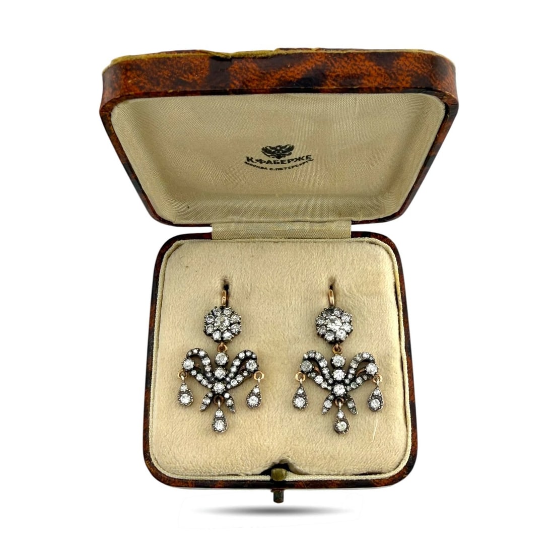 Imperial Russian 56K Rose Gold K. Faberge 3.75ct Diamond Earrings: Imperial Russian 56k Rose Gold K. Faberge Russian 3.75ct Diamond Earrings A striking and highly collectible pair of Karl Faberge Russian Imperial earrings, crafted in 14 karat rose gold. These elegant