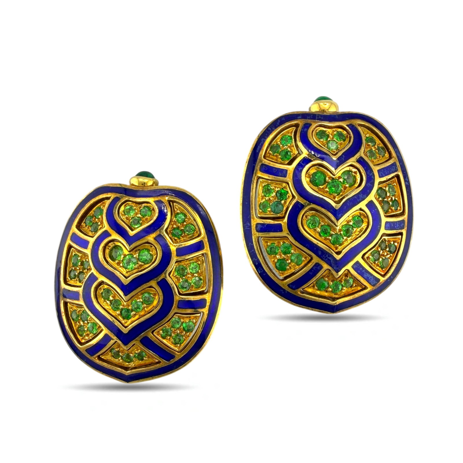 Judith Leiber 18K Yellow Gold 0.85ct Emerald and Blue Enamel Earrings: Judith Leiber 18K Yellow Gold 0.85ct Emerald and Blue Enamel Earrings These striking earrings are crafted by Judith Leiber in 18K yellow gold, marked 750, and feature a bold composition of vivid blue