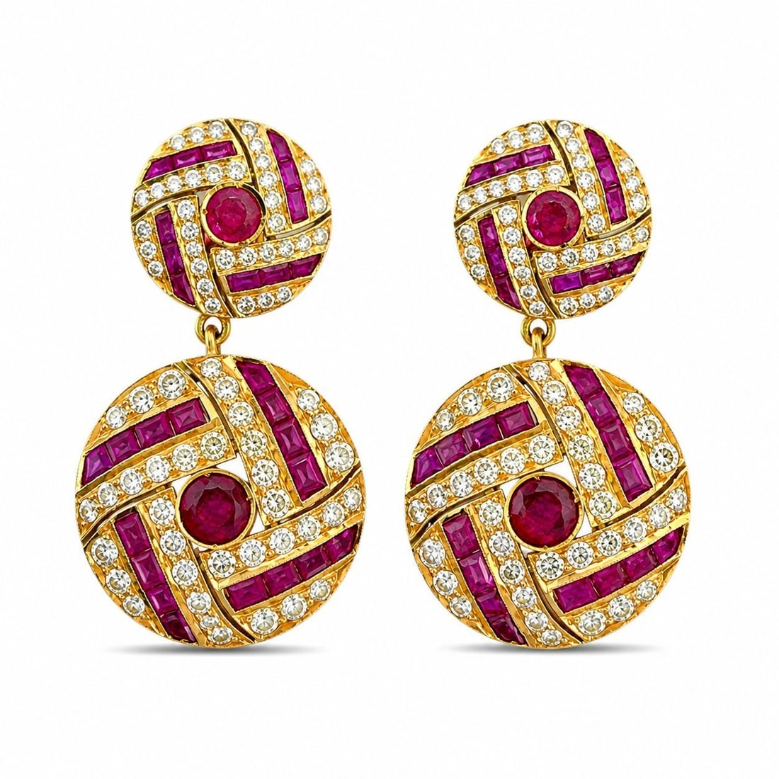 18K Yellow Gold 3.00ct Ruby and 4.00ct Diamond Drop Earrings: 18K Yellow Gold 3.00ct Ruby and 4.00ct Diamond Drop Earrings These elegant earrings are crafted in 18K yellow gold and feature a refined two-circle drop design, with a smaller circular top section con