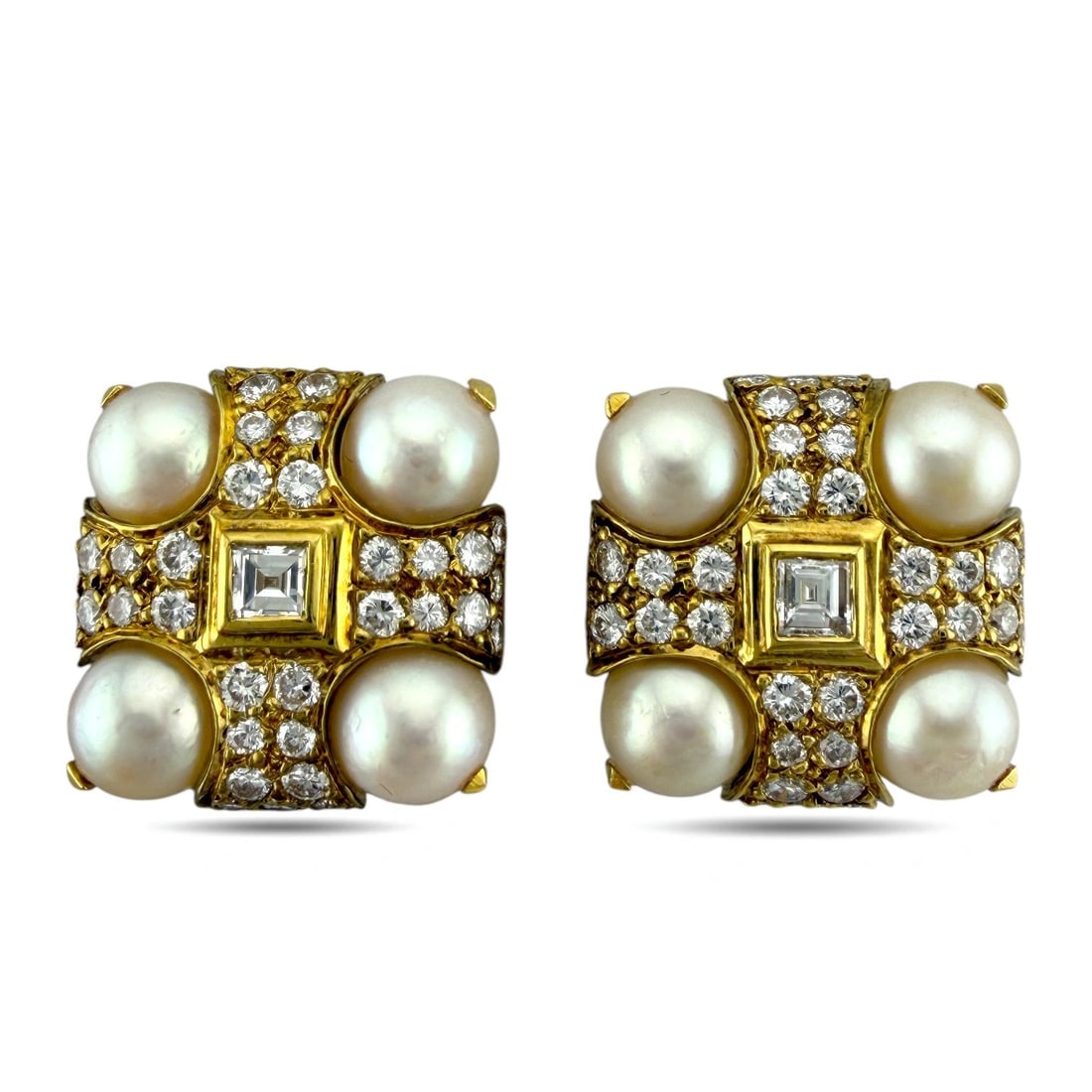 18K Yellow Gold 5.6ct Diamond and Pearl Clip: 18K Yellow Gold 5.6ct Diamond and Pearl Clip-On Earrings These elegant 18K yellow gold earrings feature a refined square design with a luminous pearl at each corner, framing a central square-cut diamo
