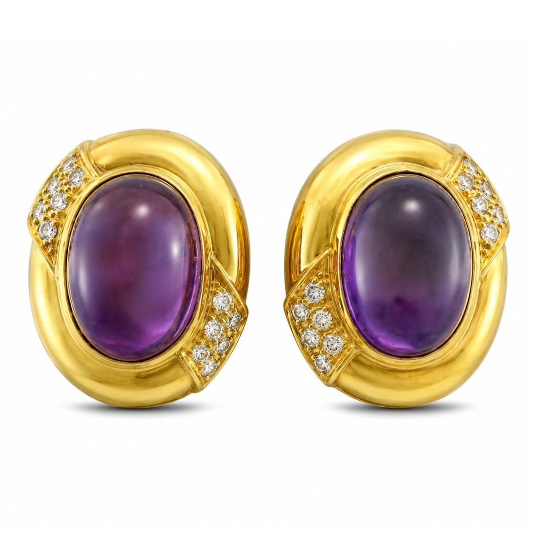 18K Yellow Gold 18.00ct Amethyst and 0.60ct Diamond Earrings: 18K Yellow Gold 18.00ct Amethyst and 0.60ct Diamond Earrings A refined pair of yellow gold earrings designed with oval cabochon amethysts and diamond accents. The rich purple amethysts give the earrin