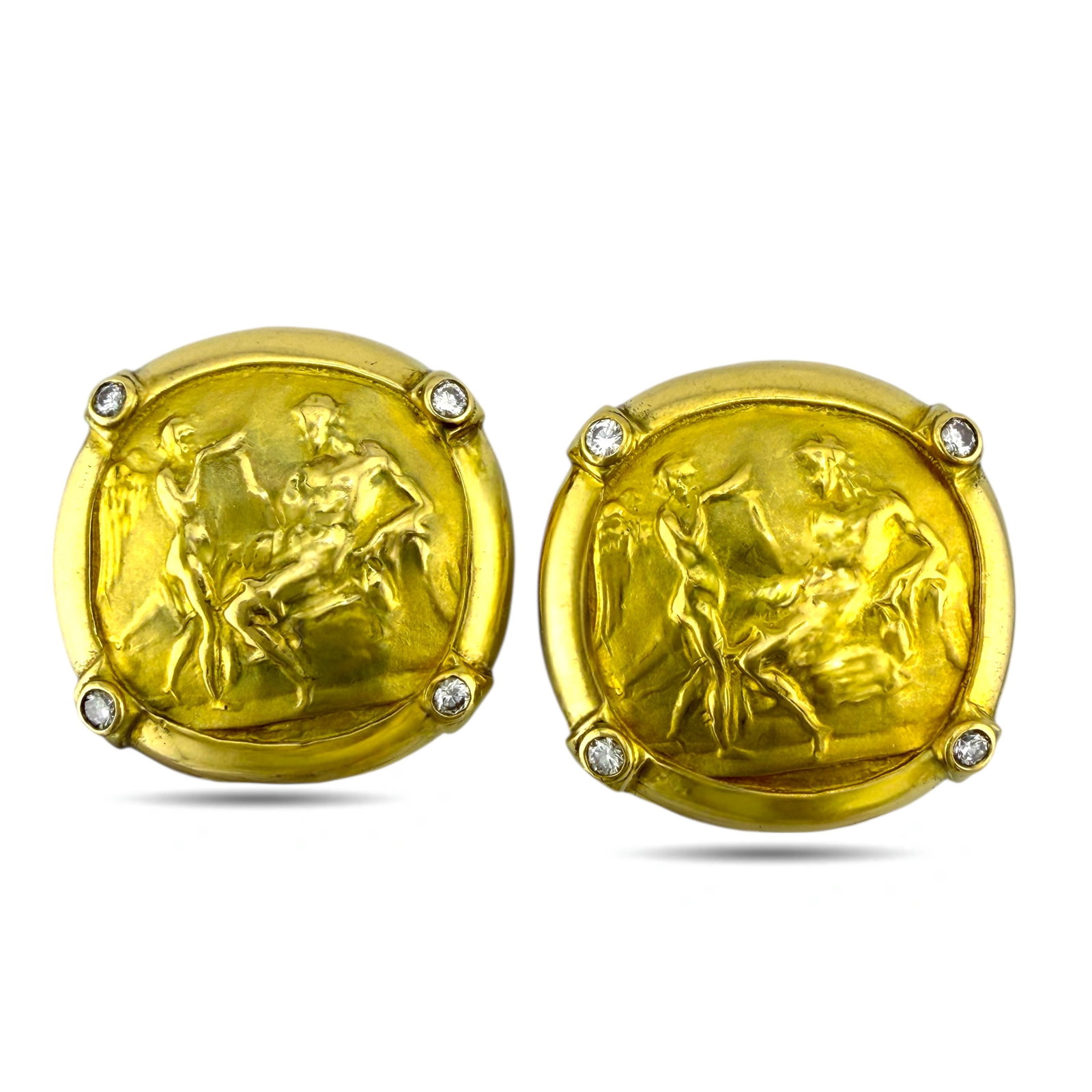 18K Yellow Gold 0.32ct Diamond Athena-Stamped Greek Deity Clip: 18K Yellow Gold 0.32ct Diamond Athena-Stamped Greek Deity Clip-On Earrings These exquisite clip-on earrings showcase finely carved Greek deity motifs, framed in a circular design that highlights class