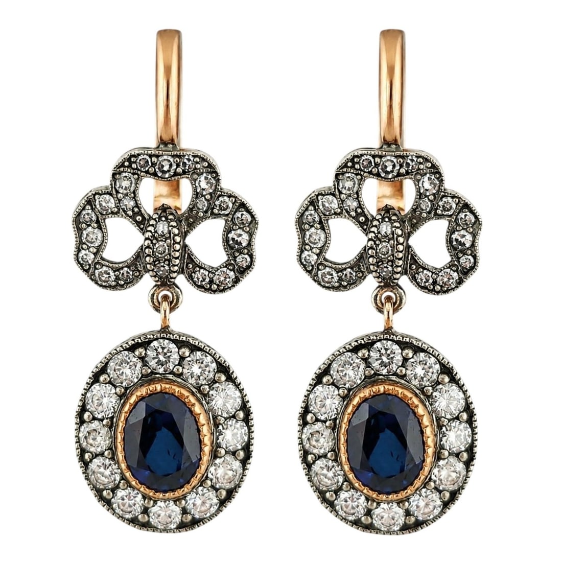 K. Faberge Imperial Russian 14K (56K) Gold and Diamond Earrings: K. Faberge Imperial Russian 56 Gold and Diamond Earrings Weight: 7.12 Grams Sapphire: Approx 5.0ct Diamonds: Approx. 5.0 Carats Size: 3.20 cm Condition: Excellent Marked with 56 Imperial Russian Gold 