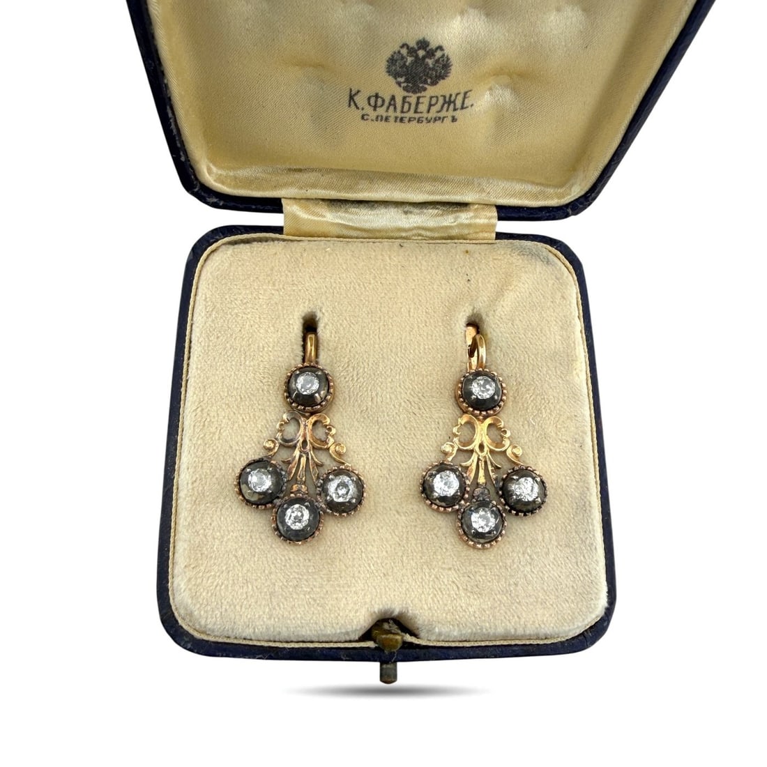 K. Faberge Imperial Russian 14K (56K) Rose Gold 1.36ct Diamond Earrings: Exclusive Imperial Russian Faberge 14K Rose Gold 1.36ct Diamond Earrings These Imperial Russian Faberge earrings are crafted in 14K rose gold, equivalent to the traditional 56 zolotnik gold standard. 