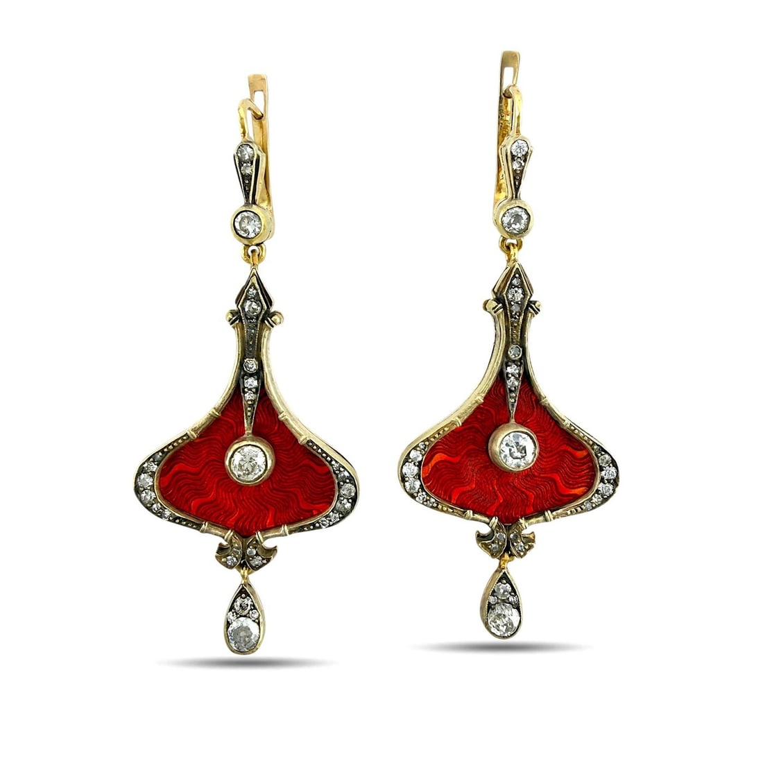 Imperial Russian 56K Yellow Gold 1.40ct Diamond and Red Enamel Earrings: Imperial Russian 56 Yellow Gold 1.40ct Diamond and Red Enamel Earrings A striking pair of Imperial Russian 14K yellow gold earrings featuring a radiant red guilloche enamel design with sunburst rays c