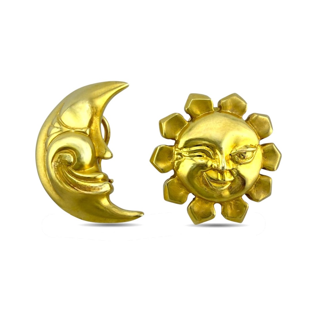 14K Yellow Gold Sun and Moon Sculpted Earrings: 14K Yellow Gold Sun and Moon Sculpted earrings A charming and whimsical pair of earrings crafted in 14 karat yellow Gold, designed as a smiling sun and moon. Their sculpted forms give the pair a playf