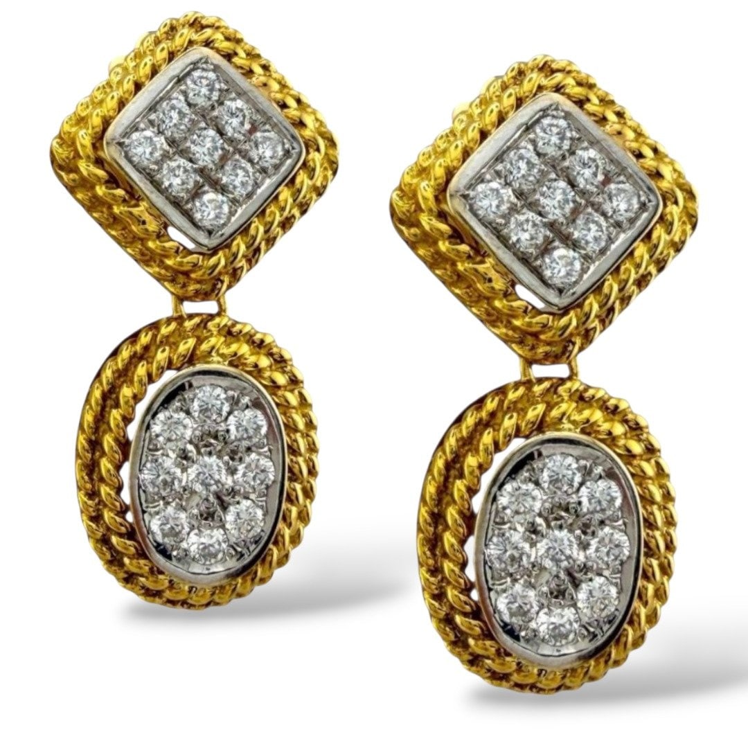 14K Yellow Gold 1ct Diamond Dangle Earrings: Vintage 14K Yellow Gold 1ct Diamond Dangle Earrings A graceful pair of 14K yellow gold dangle earrings featuring a geometric blend of form and sparkle. Each earring displays a refined square top accen