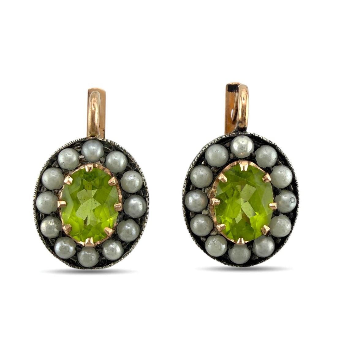 K. Faberge Imperial Russian 14K (56K) Rose Gold 2.40ct Peridot and Pearl Earrings: Exclusive Imperial Russian 14K Rose Gold 2.40ct Peridot and Pearl Earrings These Imperial Russian earrings are crafted in 14K rose gold, equivalent to the traditional 56 zolotnik gold standard. The pa