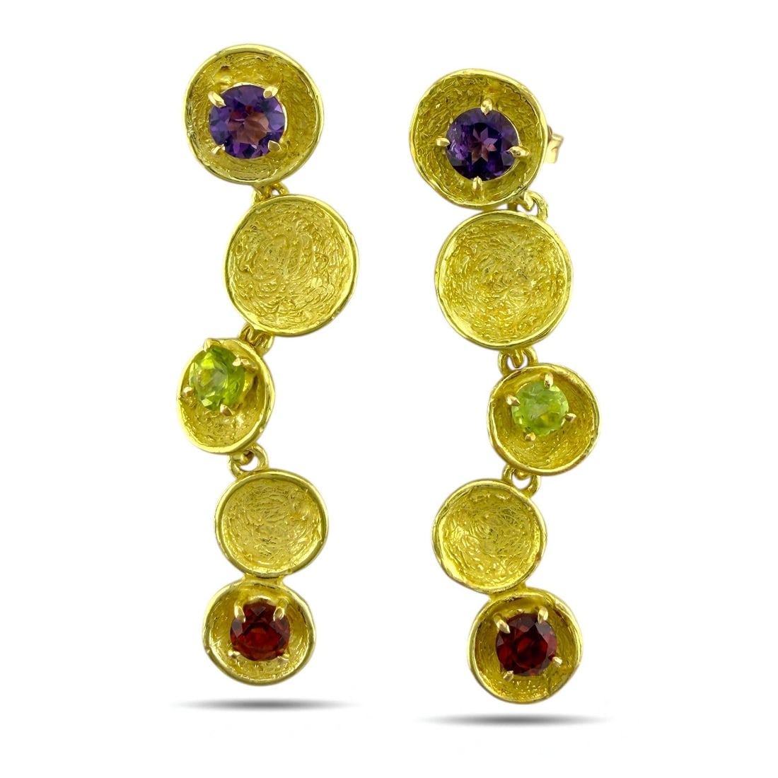18K Yellow Gold Citrine, Amethyst and Garnet Screw-On Dangle Earrings: 18K Yellow Gold Citrine, Amethyst and Garnet Screw-On Dangle Earrings These striking dangle earrings feature a vibrant trio of gemstones that create a lively and elegant color flow when worn. Designed