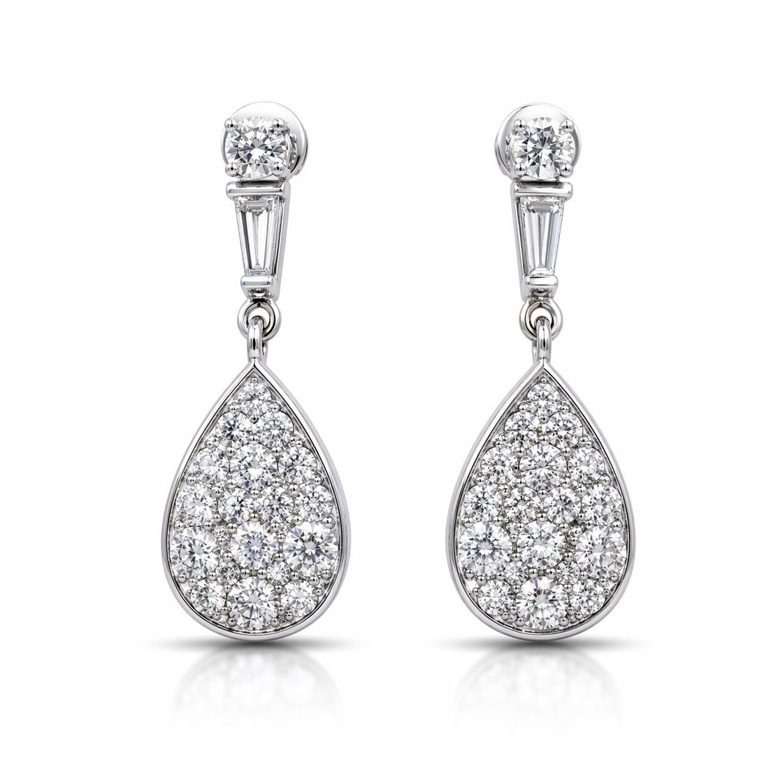 14K White Gold 1.75ct Diamond Teardrop Earrings: 14K White Gold 1.75ct Diamond Teardrop earrings A refined pair of teardrop shaped earrings crafted in 14 karat white Gold, designed with a fully diamond covered front for beautiful brilliance througho