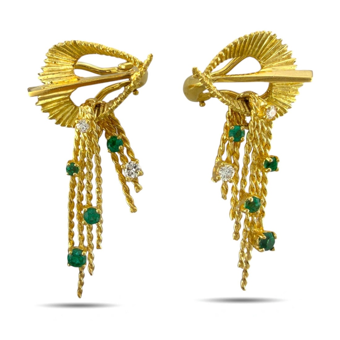 18K Yellow Gold Emerald and Diamond Clip: 18K Yellow Gold Emerald and Diamond Clip-On Earrings Refined 18K yellow gold clip-on earrings featuring vibrant emeralds complemented by brilliant diamonds totaling 0.12 carats. The design captures