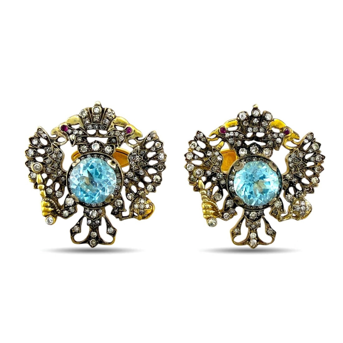 Imperial Russian Faberge 56K Yellow Gold Topaz and Diamond Coat of Arms Cufflinks: Imperial Russian Faberge 56K Yellow Gold Topaz and Diamond Coat of Arms Cufflinks by August Hollming This refined pair of Imperial Russian Faberge cufflinks is crafted in 14K yellow gold and