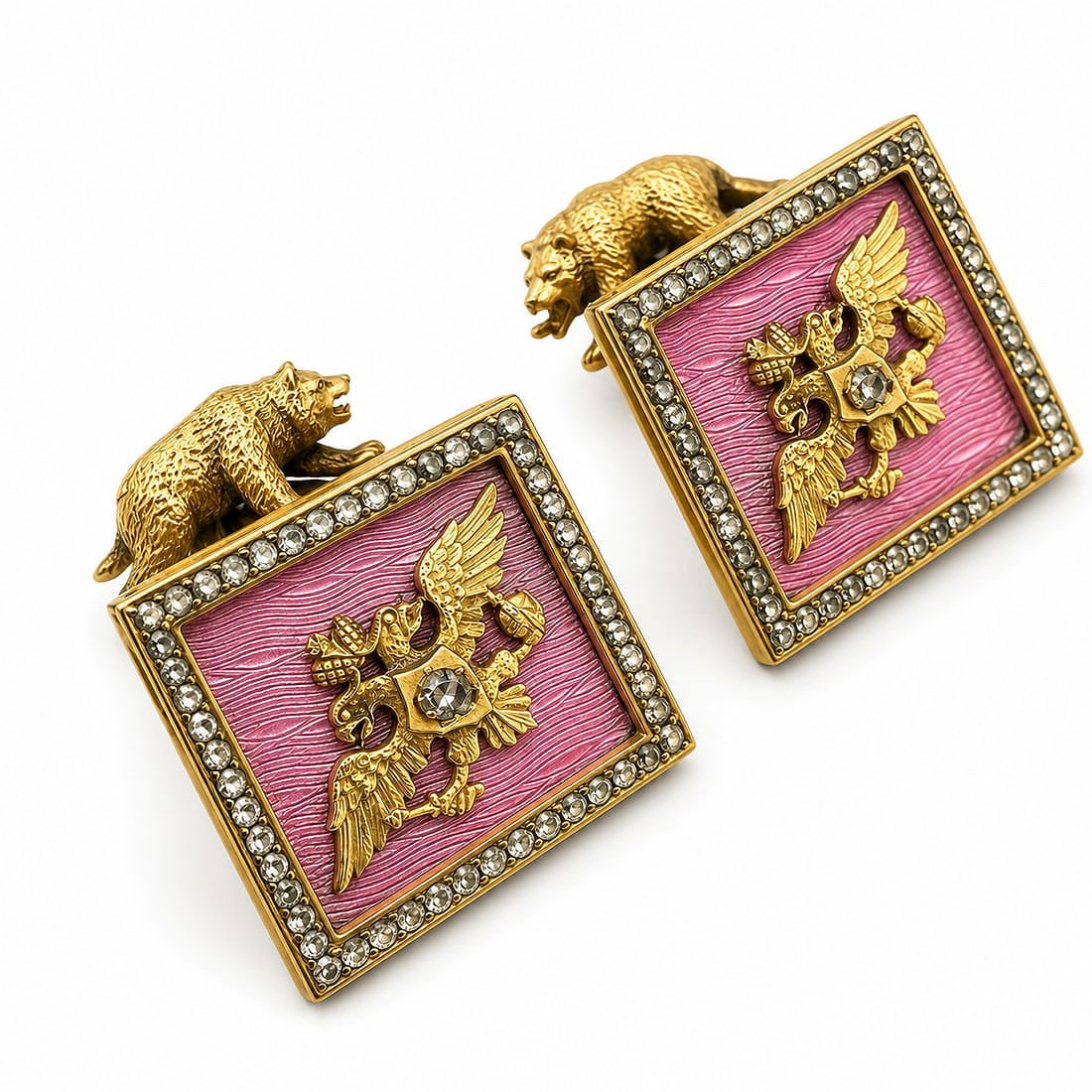 Imperial Russian 88 Assay Silver Faberge 0.70ct Diamond and Enamel Cufflinks: Imperial Russian 88 Assay Silver Faberge 0.70ct Diamond and Enamel Cufflinks A remarkable pair of Imperial Russian cufflinks attributed to Faberge, designed in a square form with vivid pink enamel and