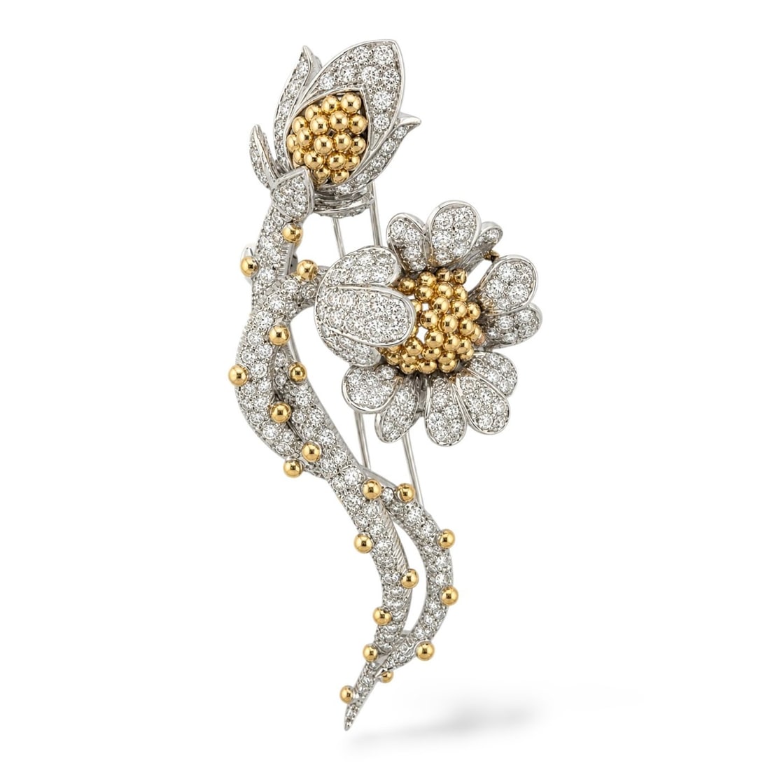 18K Yellow Gold 10.50ct Diamond Floral Brooch: 18K Yellow Gold 10.50ct Diamond Floral Brooch An elaborate floral spray brooch designed as a cascading arrangement of blossoms, each formed with pave diamonds and accented by rounded gold bead centers