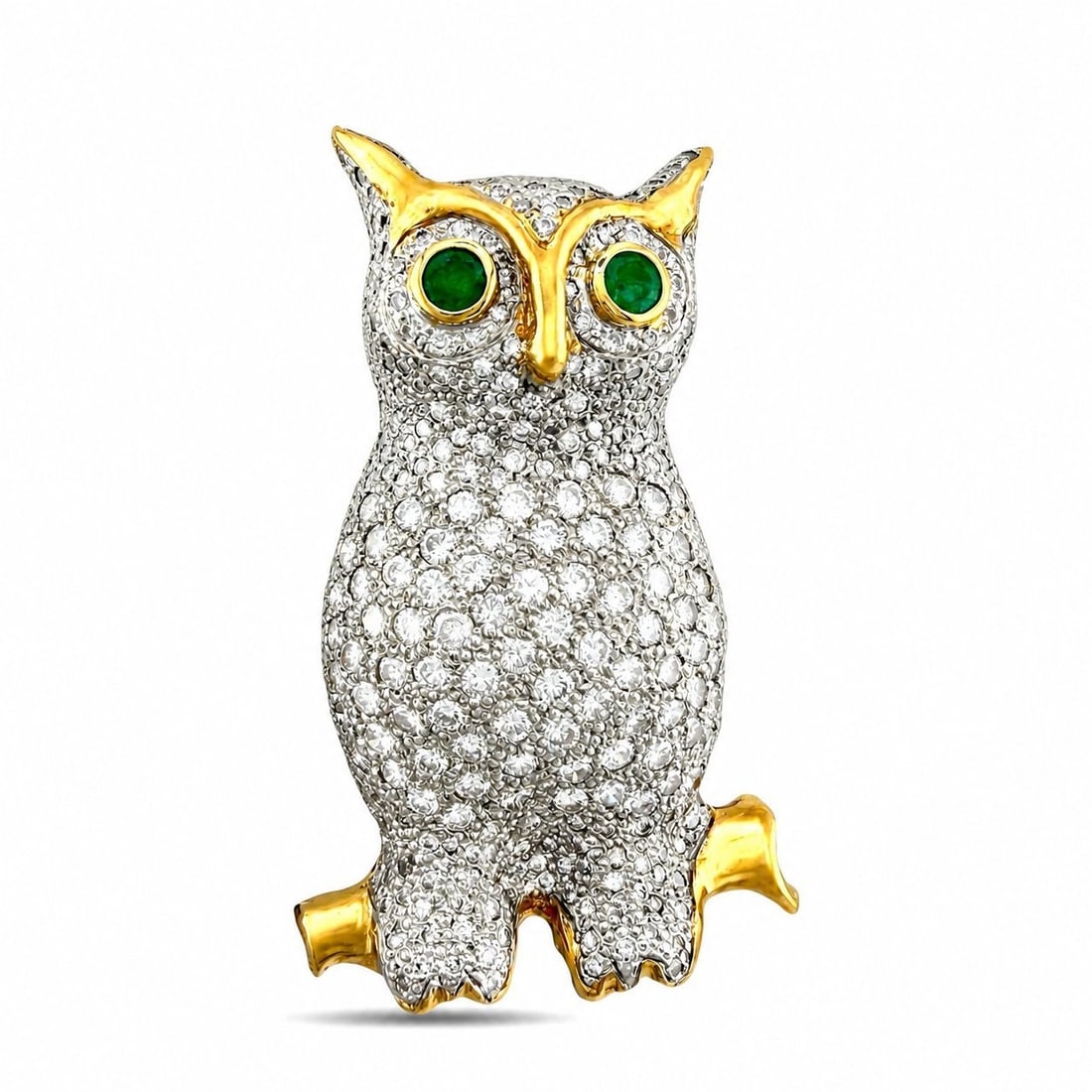 French 14K Yellow Gold 10.00ct Diamond and 0.30ct Emerald Owl Brooch: French 14K Yellow Gold 10.00ct Diamond and 0.30ct Emerald Owl Brooch This French owl brooch is crafted in 14K yellow gold and designed with a highly detailed owl figure perched on a branch. The brooch