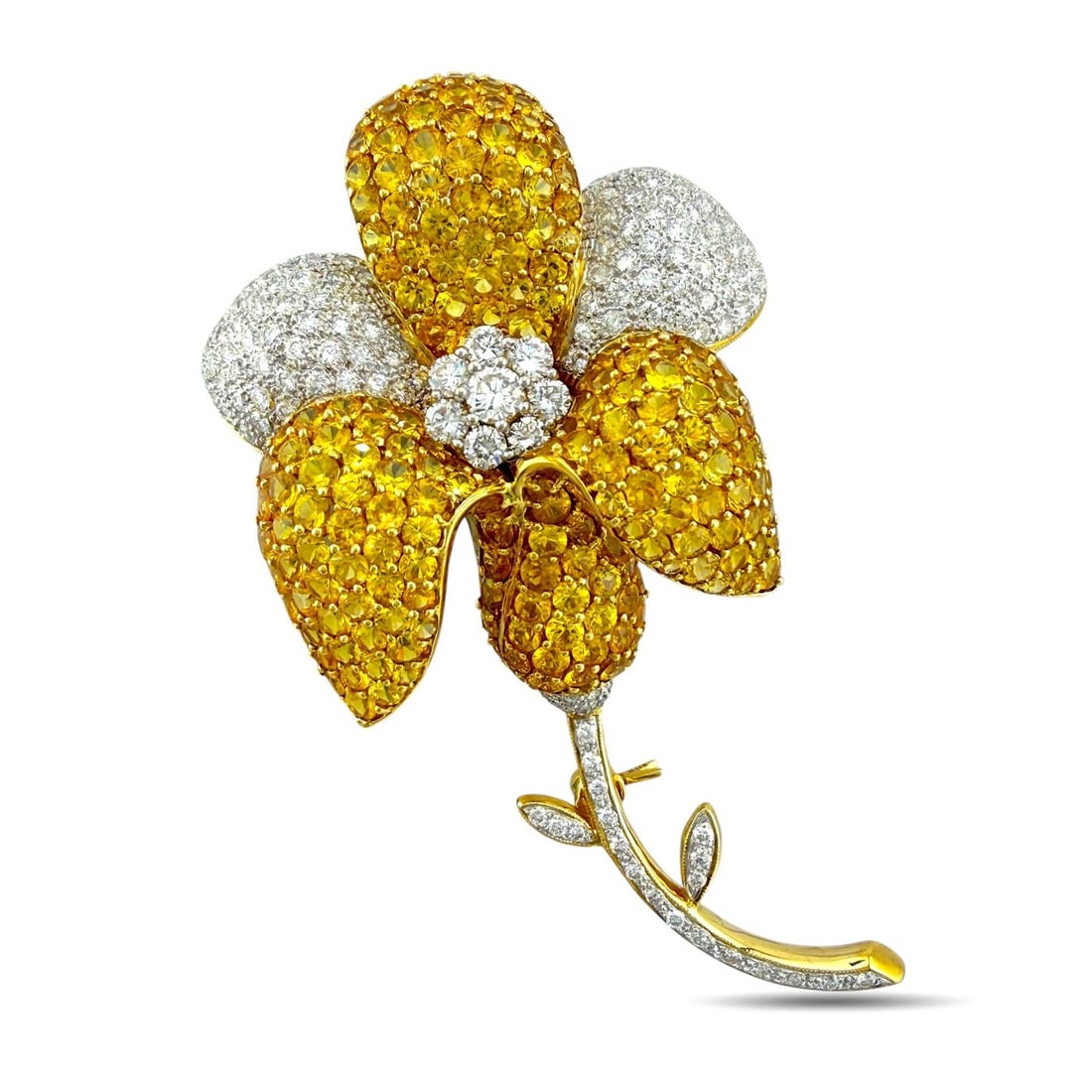 18K Yellow Gold 5.00ct Diamond & Citrine Flower Large Brooch: 18K Yellow Gold 5.00ct Multi-Gemstone Flower Large Brooch This impressive flower brooch is crafted in 18K yellow gold with a bold dimensional floral design. The brooch is set with approximately 5.00 c
