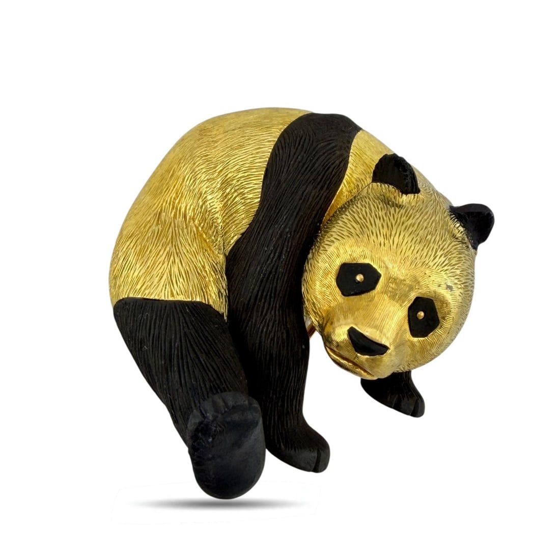 18K Yellow Gold Gallopin Geneve Panda Brooch: Gallopin 18K Yellow Gold Gallopin Geneve Panda Brooch with Wood A charming and collectible panda brooch by Gallopin Geneve, crafted in 18 karat yellow gold with carved wood forming part of the design.