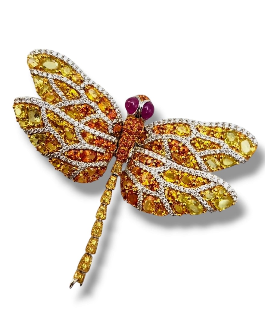 Vintage 18K Gold Dragonfly Brooch: Beautiful Art Deco Dragonfly Brooch covered with Diamonds and Large Oval and Round Sapphires Diamonds - 1.2mm Each, 130 Natural Round Diamonds, Totaling 1.17 Carats Sapphires- 179 Orange-Light Yellow 
